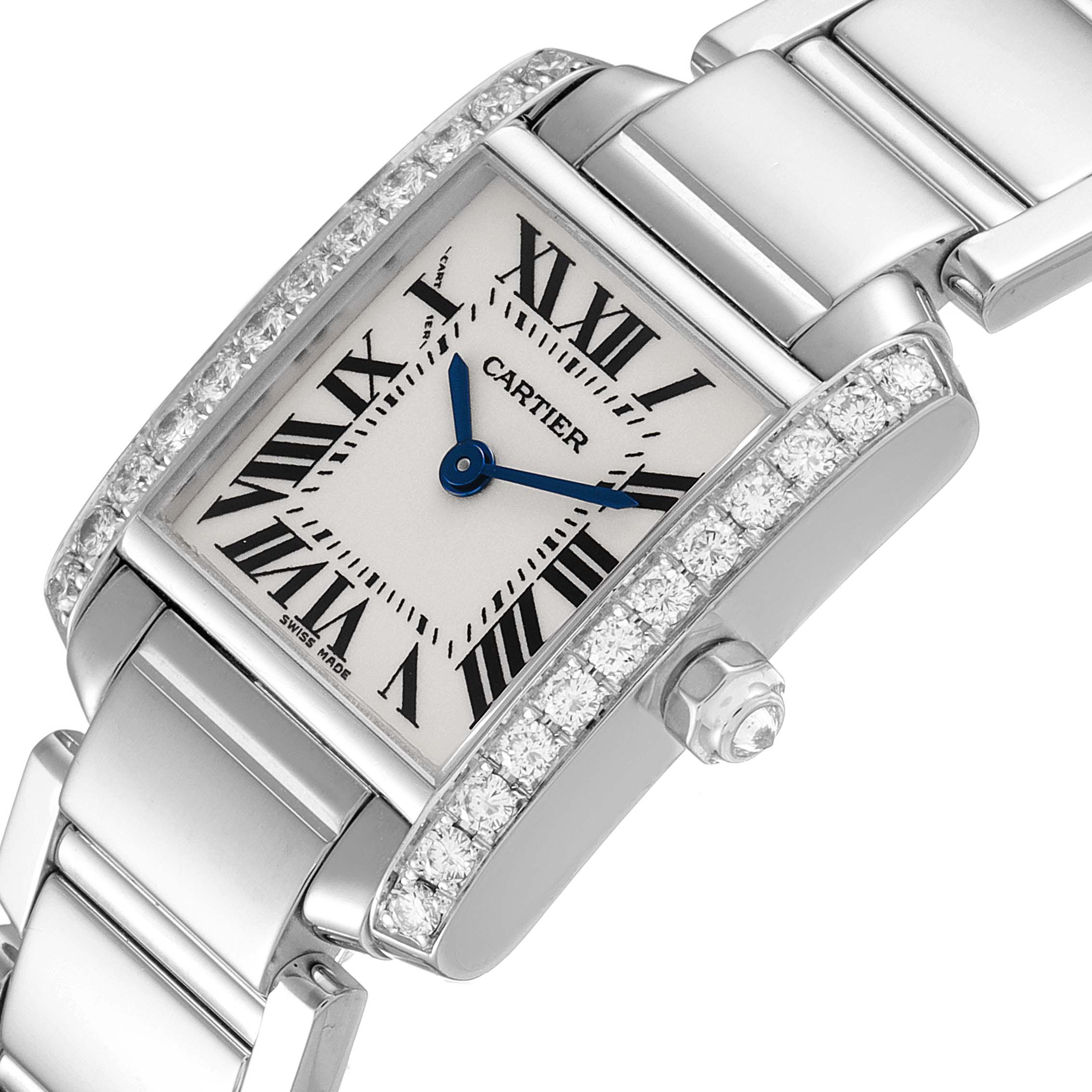 The image displays a Cartier Tank Française watch, showcasing its face, crown, and partial bracelet at an angled view.