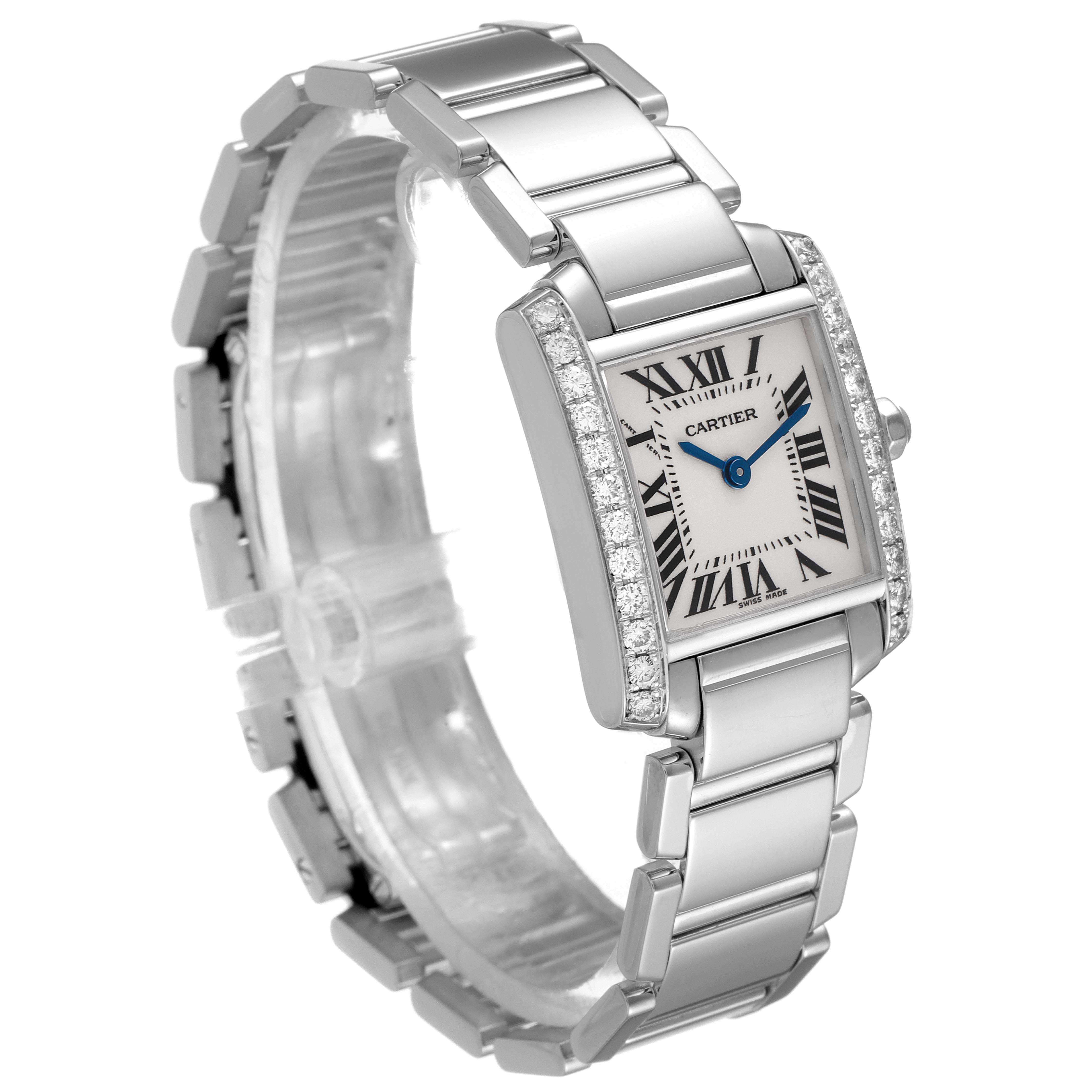 The image shows an angled view of the Cartier Tank Française watch, highlighting the rectangular face, metal bracelet, and diamond accents.