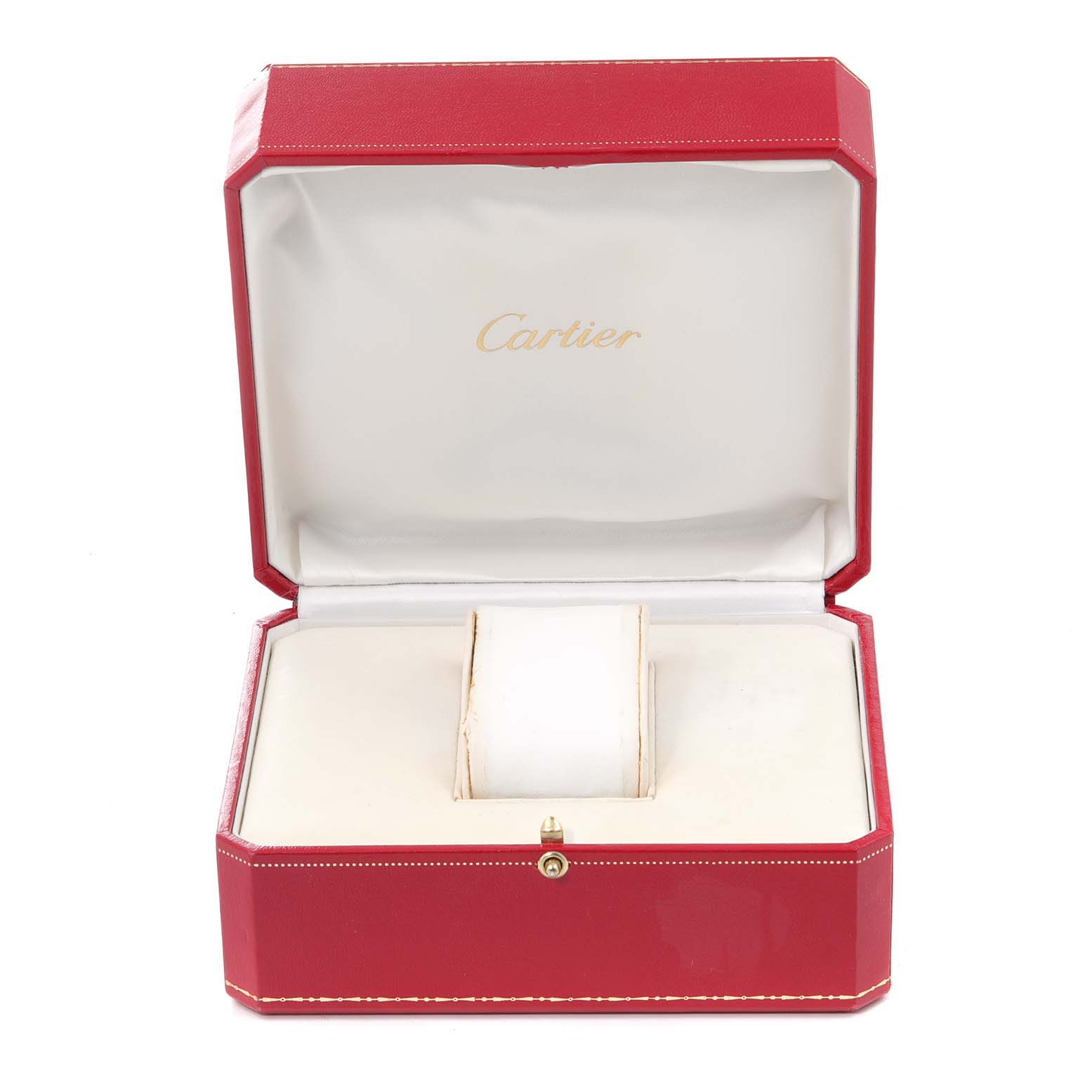 This image shows an open red Cartier box for the Tank Francaise model, with a cushioned interior designed to hold the watch.