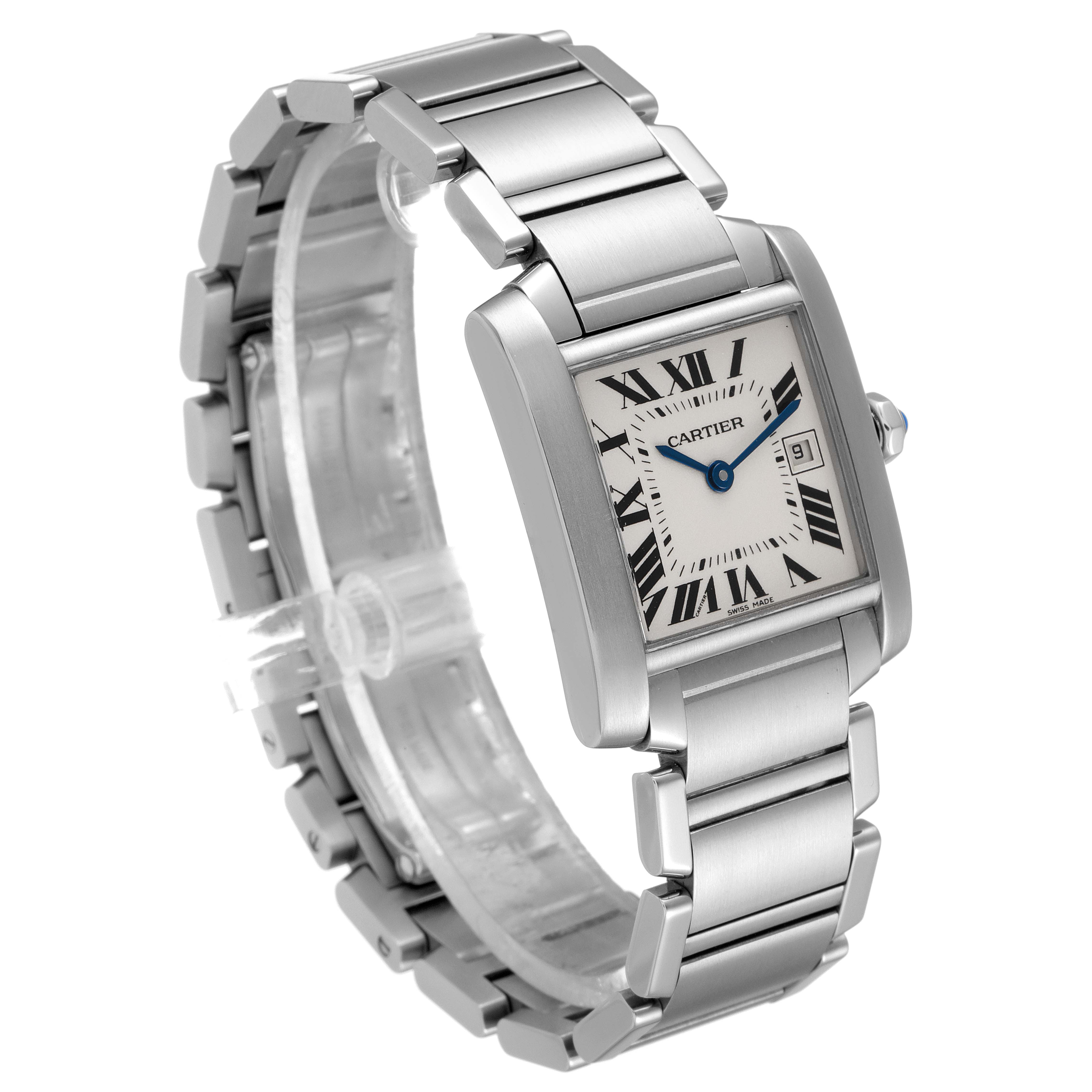 The Cartier Tank Française watch is shown at an angled view, capturing its rectangular face, Roman numerals, and metal bracelet.