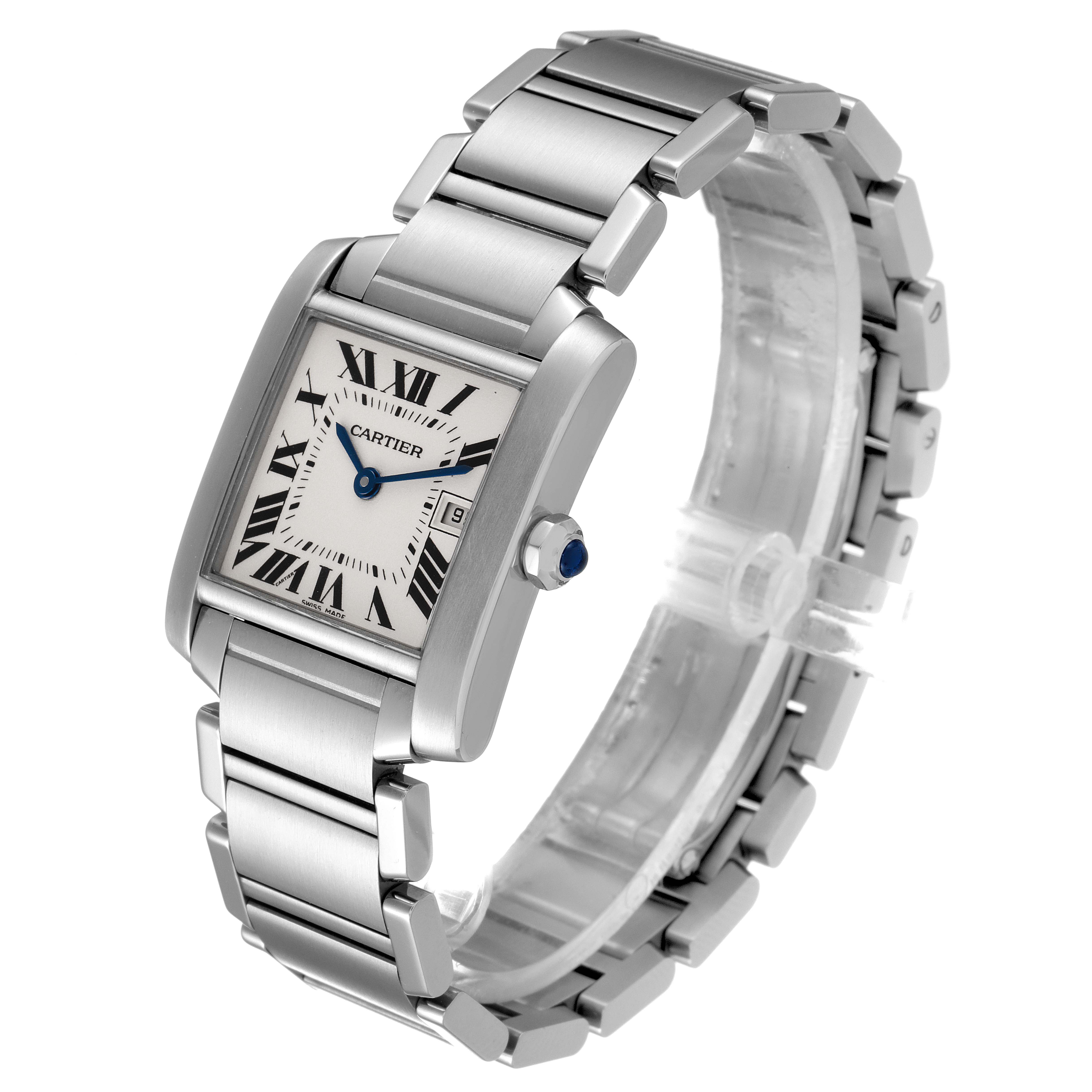 This image shows a front angled view of the Cartier Tank Française watch, highlighting its face and metal bracelet.