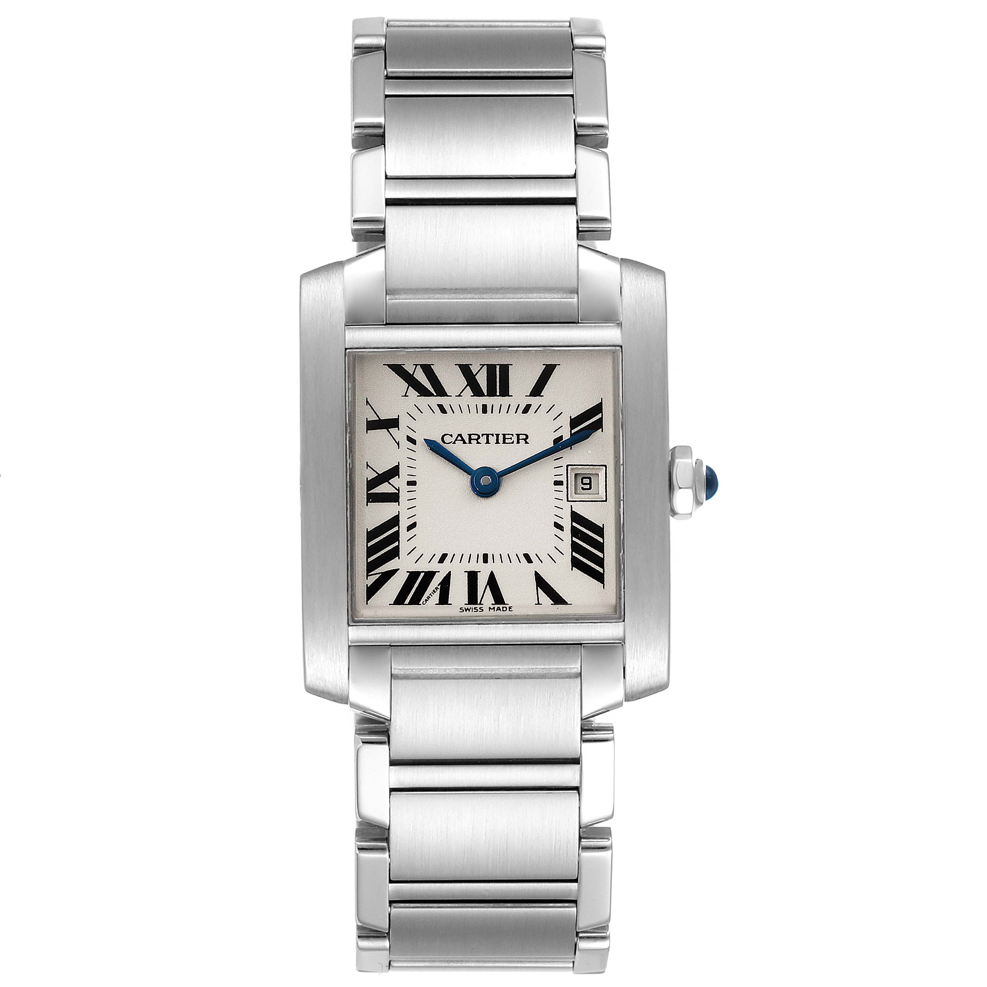 The image shows a frontal view of a Cartier Tank Francaise W51011Q3 Women's Stainless Steel Silver Dial W51011Q3 Women's Stainless Steel Silver Dial watch, displaying its rectangular face, Roman numerals, and metal bracelet.