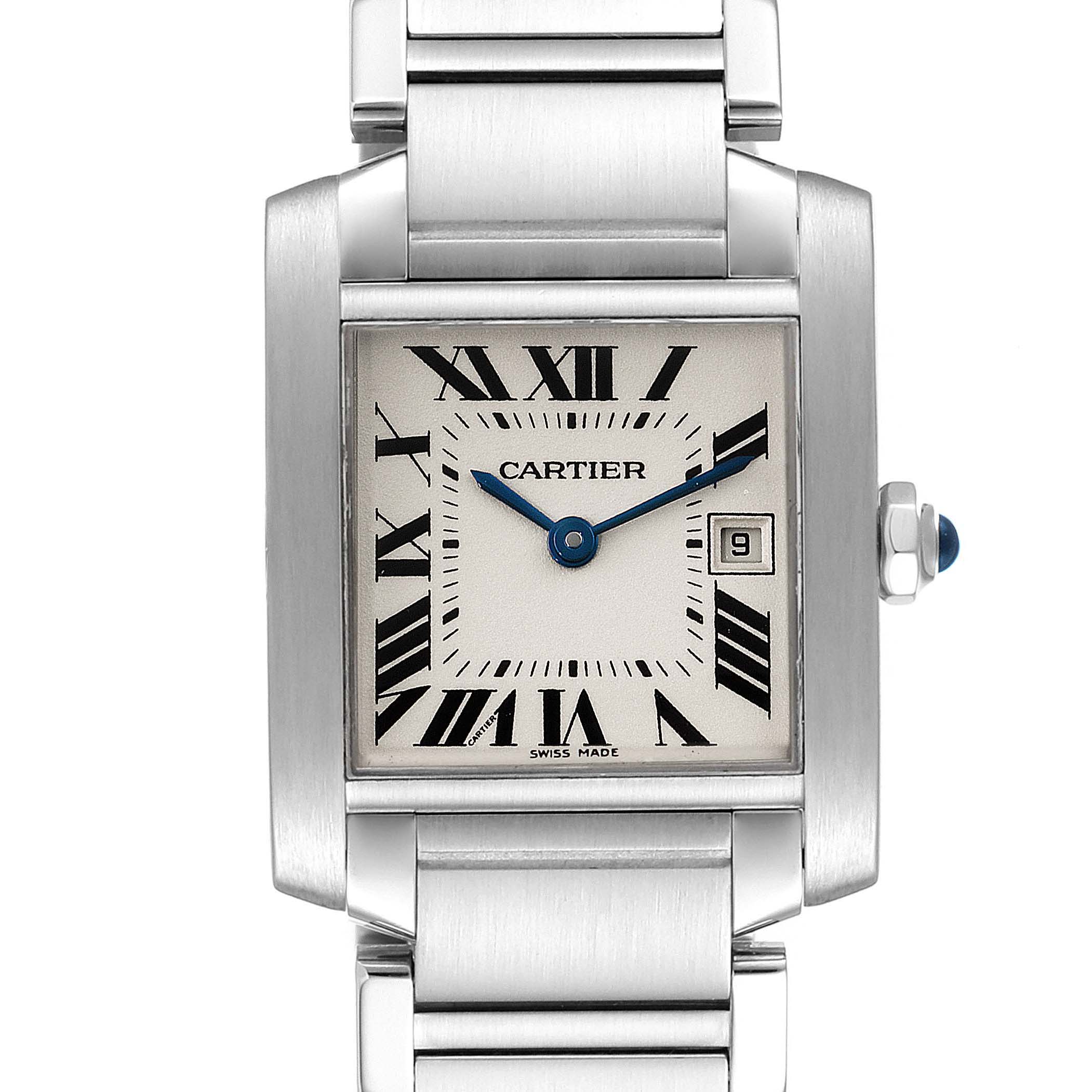 This image shows a front view of the Cartier Tank Francaise W51011Q3 Women's Stainless Steel Silver Dial W51011Q3 Women's Stainless Steel Silver Dial watch, highlighting its rectangular case, Roman numeral dial, and steel bracelet.