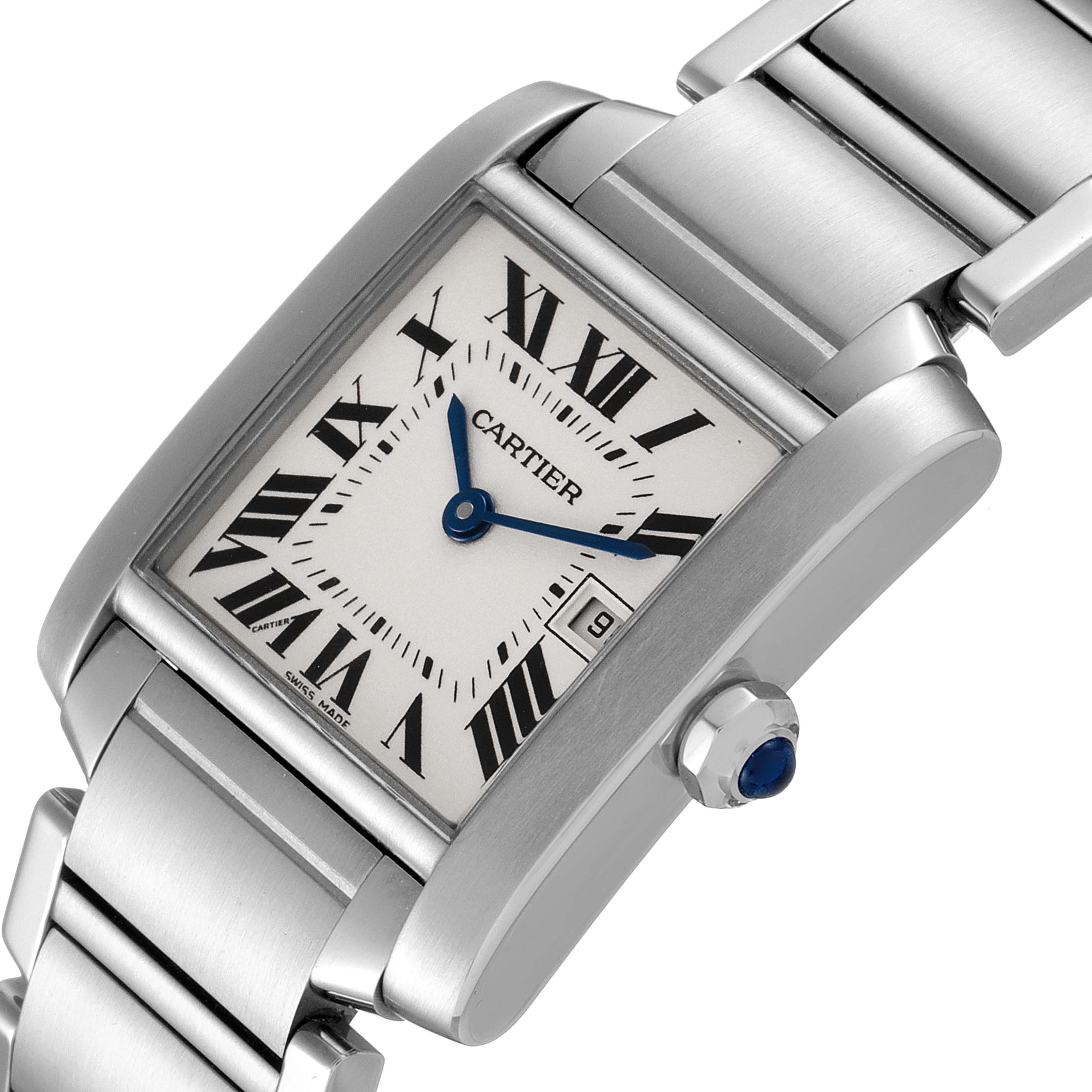 This image shows a close-up angle of the Cartier Tank Francaise W51011Q3 Women's Stainless Steel Silver Dial W51011Q3 Women's Stainless Steel Silver Dial watch, highlighting its face, dial, and part of the bracelet.