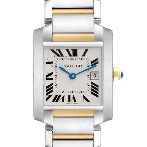 The Cartier Tank Francaise watch is shown from a front angle featuring the dial, bezel, crown, and bracelet.