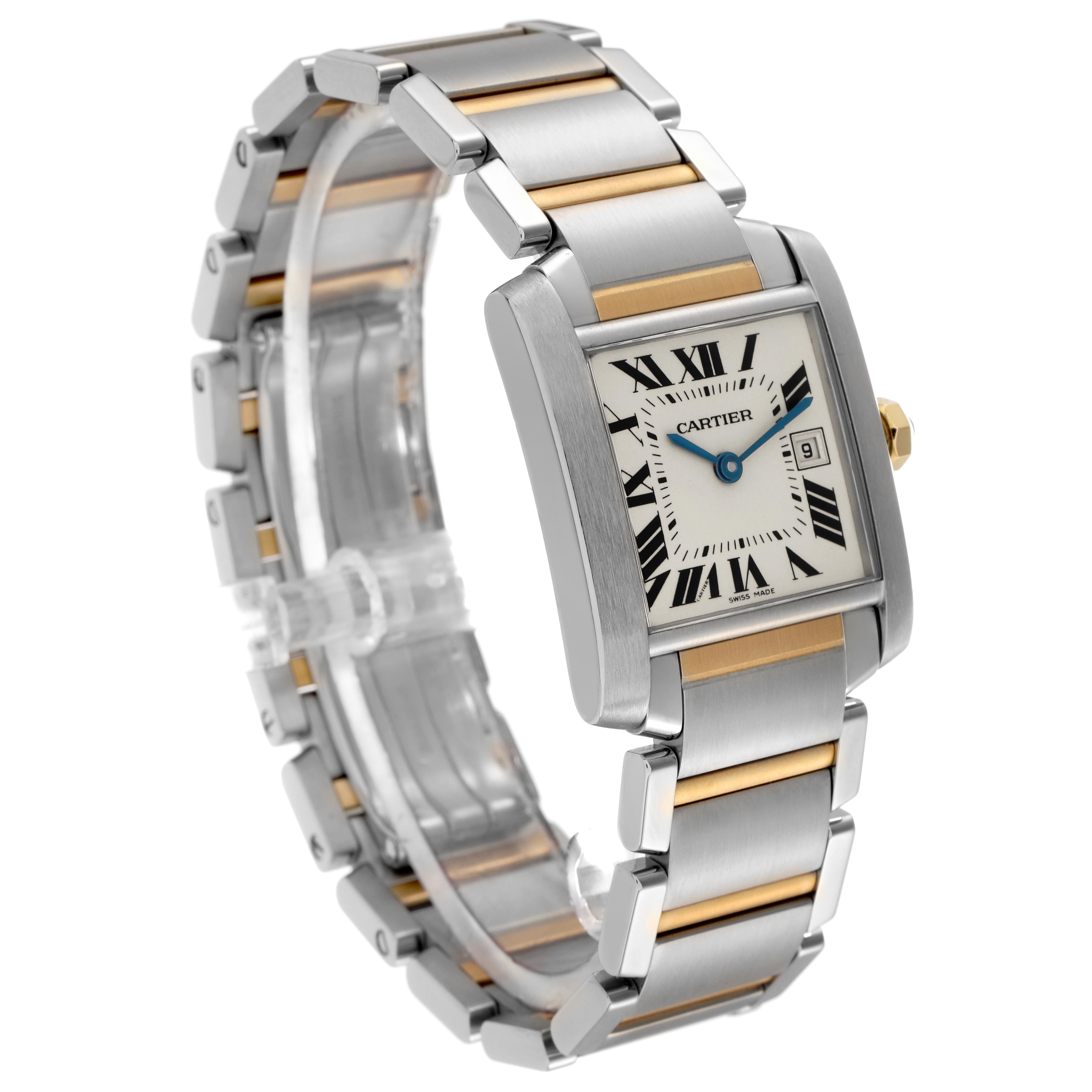 The Cartier Tank Francaise W51012Q4 Women
s Steel and Gold (two tone) Silver Dial W51012Q4 Women
s Steel and Gold (two tone) Silver Dial watch is shown at a three-quarter angle, highlighting its rectangular face, Roman numerals, and two-tone bracelet.