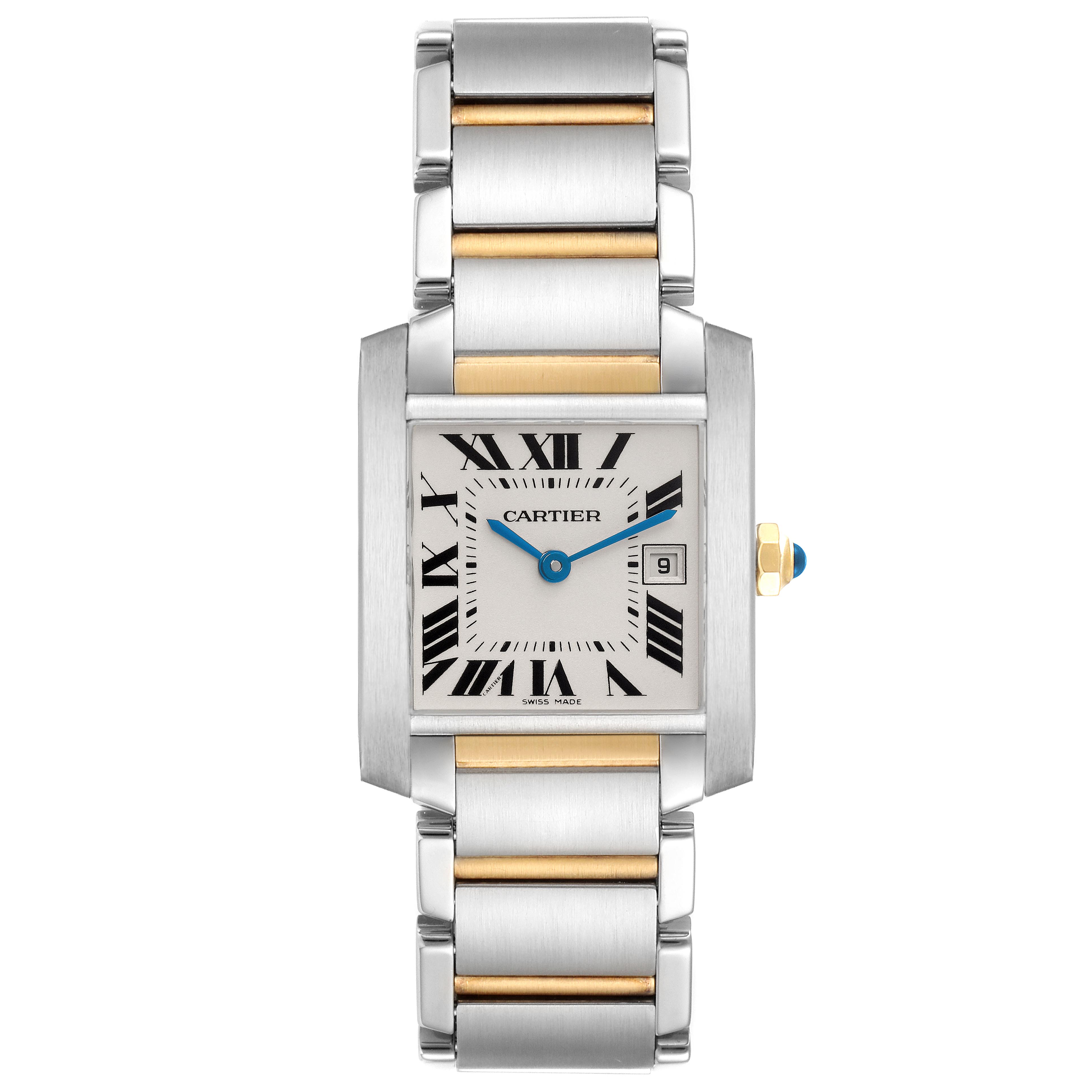 The Cartier Tank Française watch is shown from a front view, displaying its dial, hands, date window, and two-tone bracelet.