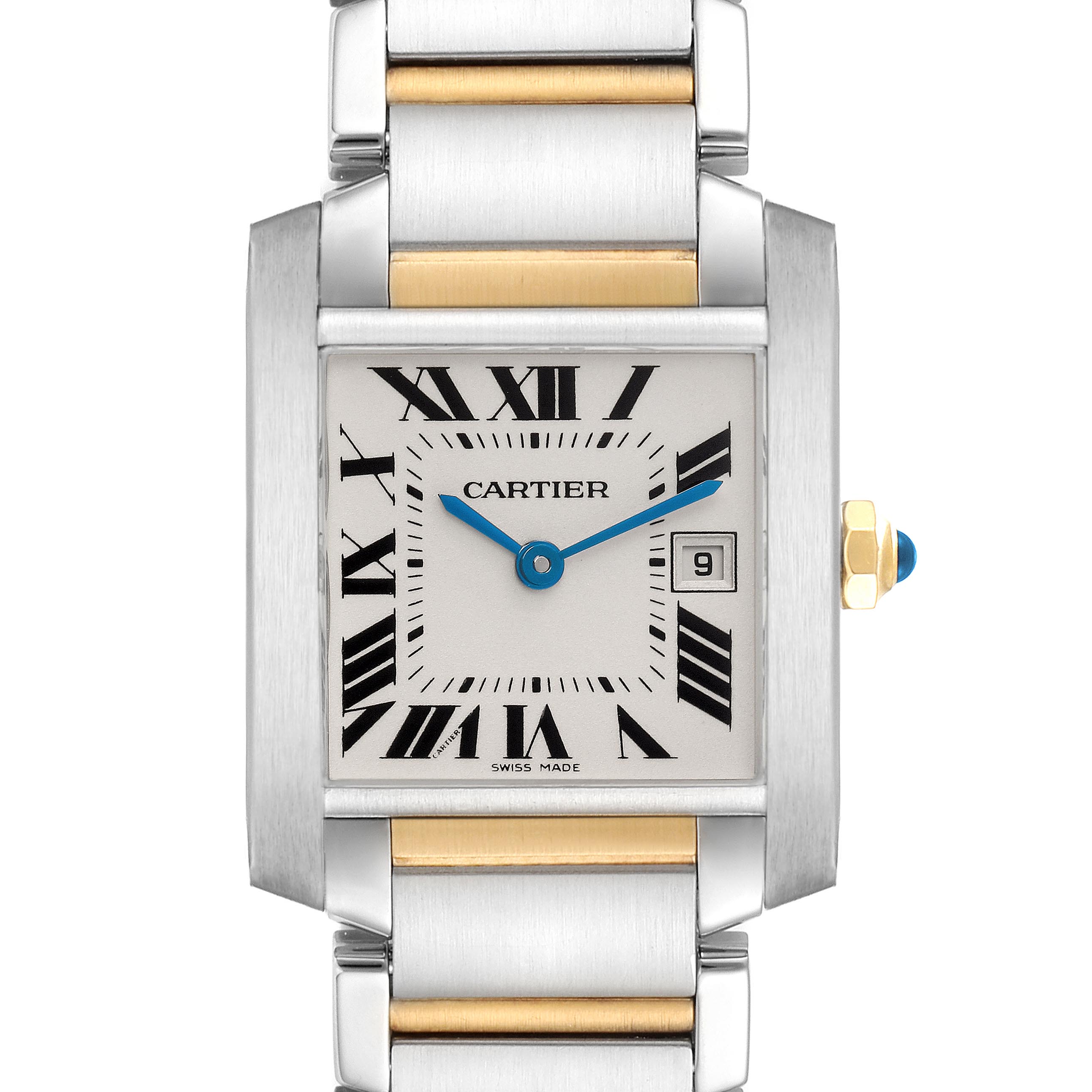 The Cartier Tank Française watch is shown from a front angle, highlighting its rectangular face, Roman numerals, and metal bracelet.