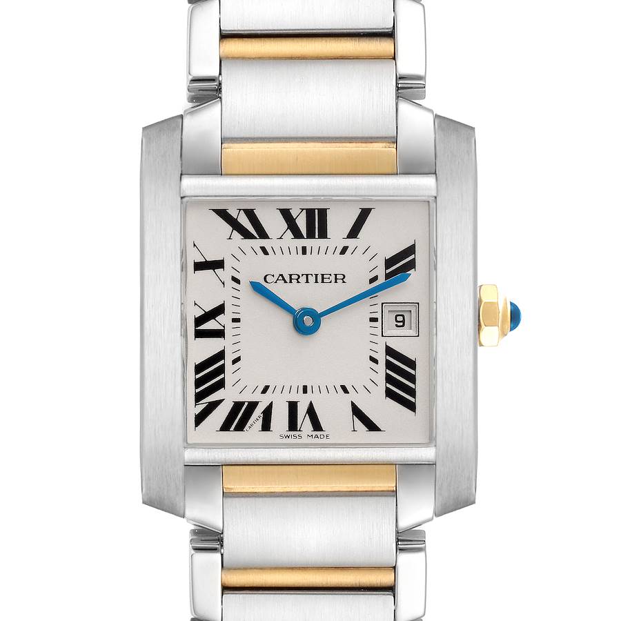 The Cartier Tank Française watch is shown from a front angle, highlighting its rectangular face, Roman numerals, and metal bracelet.