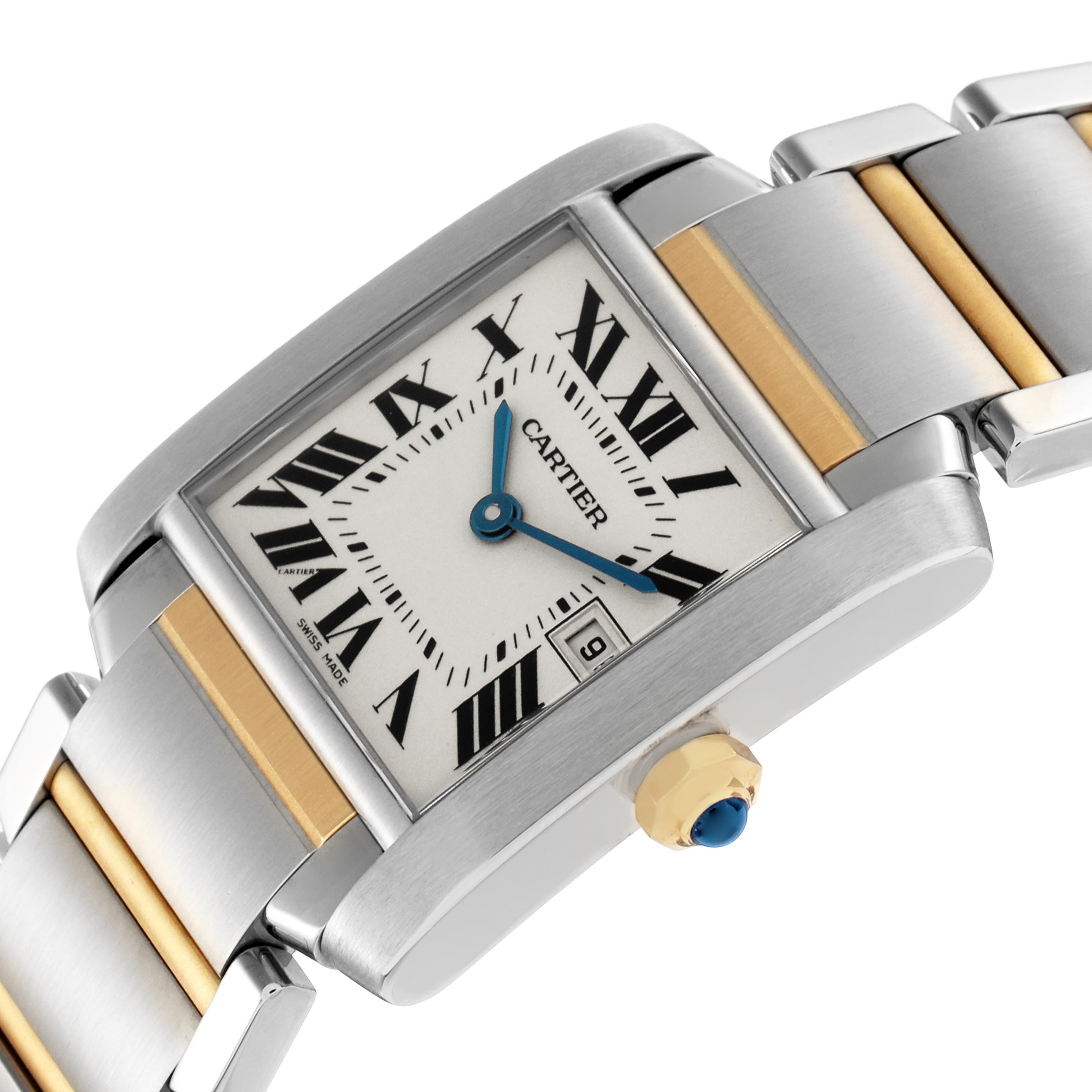 The image shows a close-up of the Tank Française watch by Cartier, highlighting the face, blue hands, and part of the bracelet.