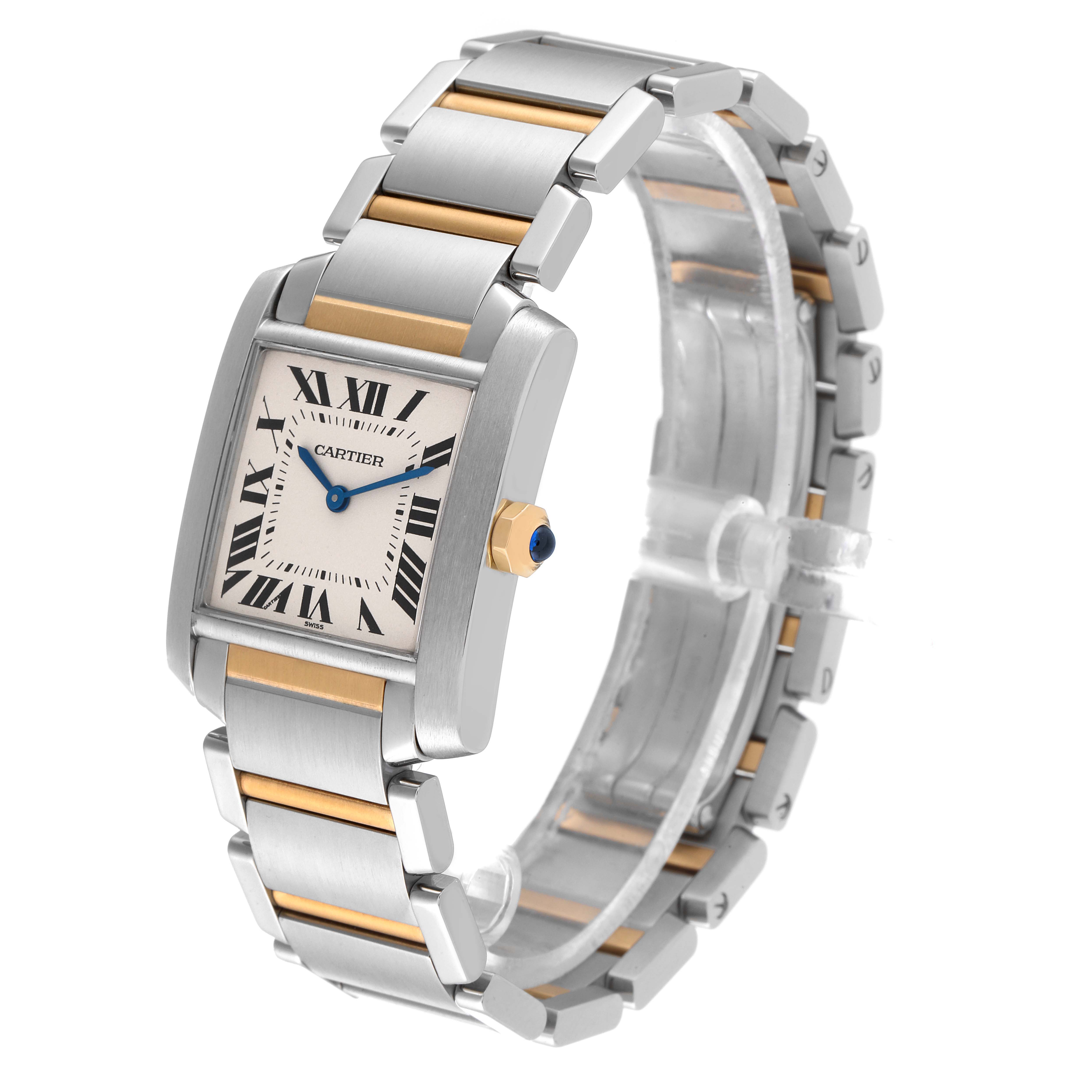 This image displays a Cartier Tank Française watch at a slight angle, showcasing the face, bezel, and bracelet.