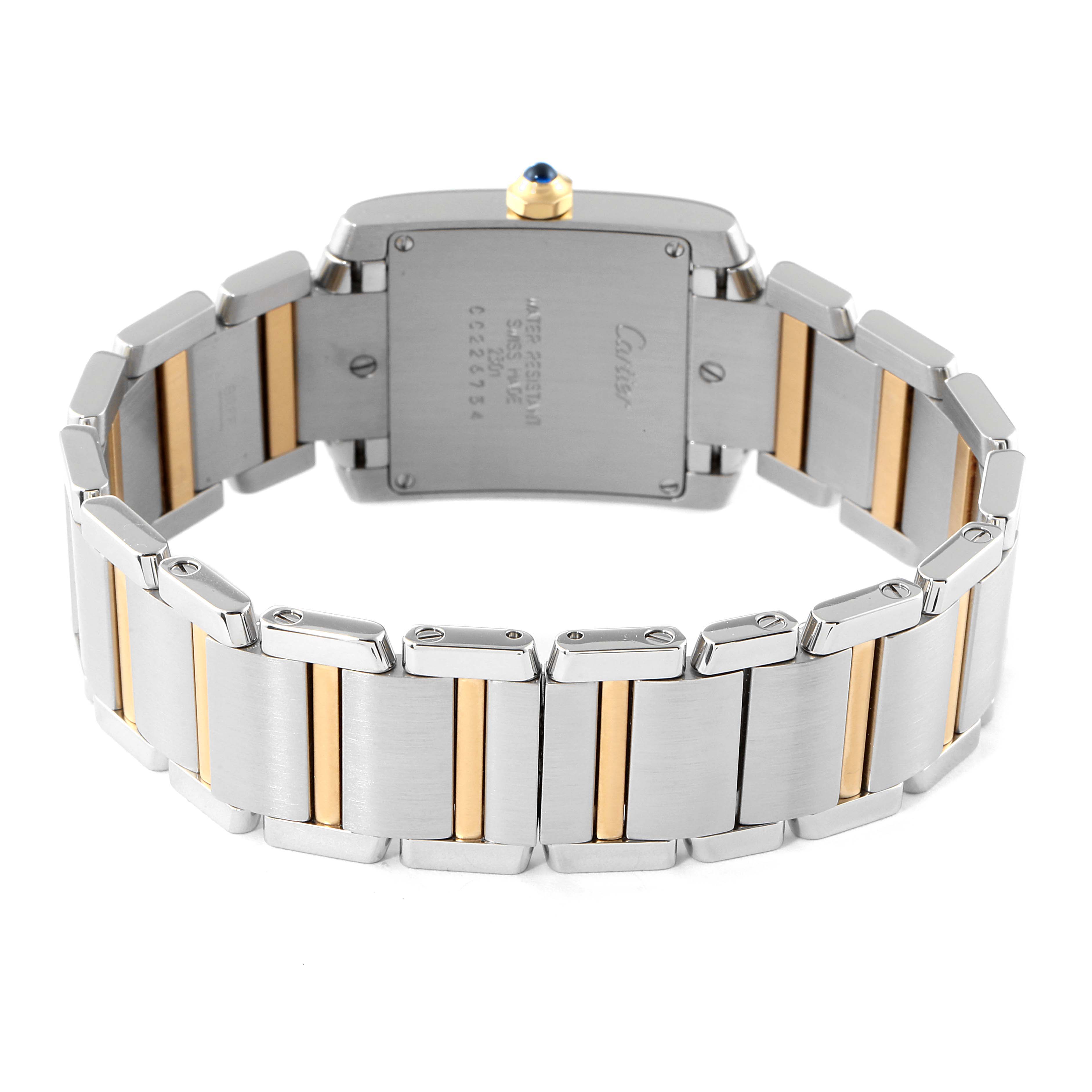 The image shows the back view of a Cartier Tank Francaise W2TA0003 Women's Steel and Gold (two tone) Silver Dial W2TA0003 Women's Steel and Gold (two tone) Silver Dial watch, emphasizing the bracelet and case back.