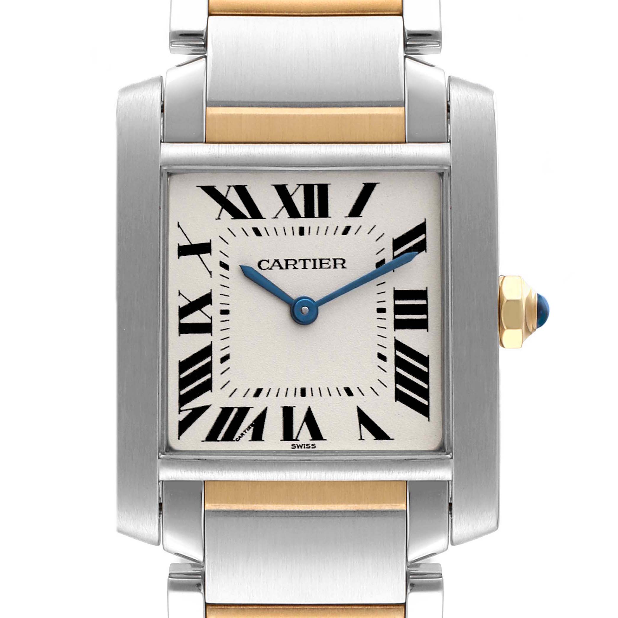 This image shows a close-up, front view of the Cartier Tank Francaise W2TA0003 Women's Steel and Gold (two tone) Silver Dial W2TA0003 Women's Steel and Gold (two tone) Silver Dial watch, highlighting the face, strap, and crown.