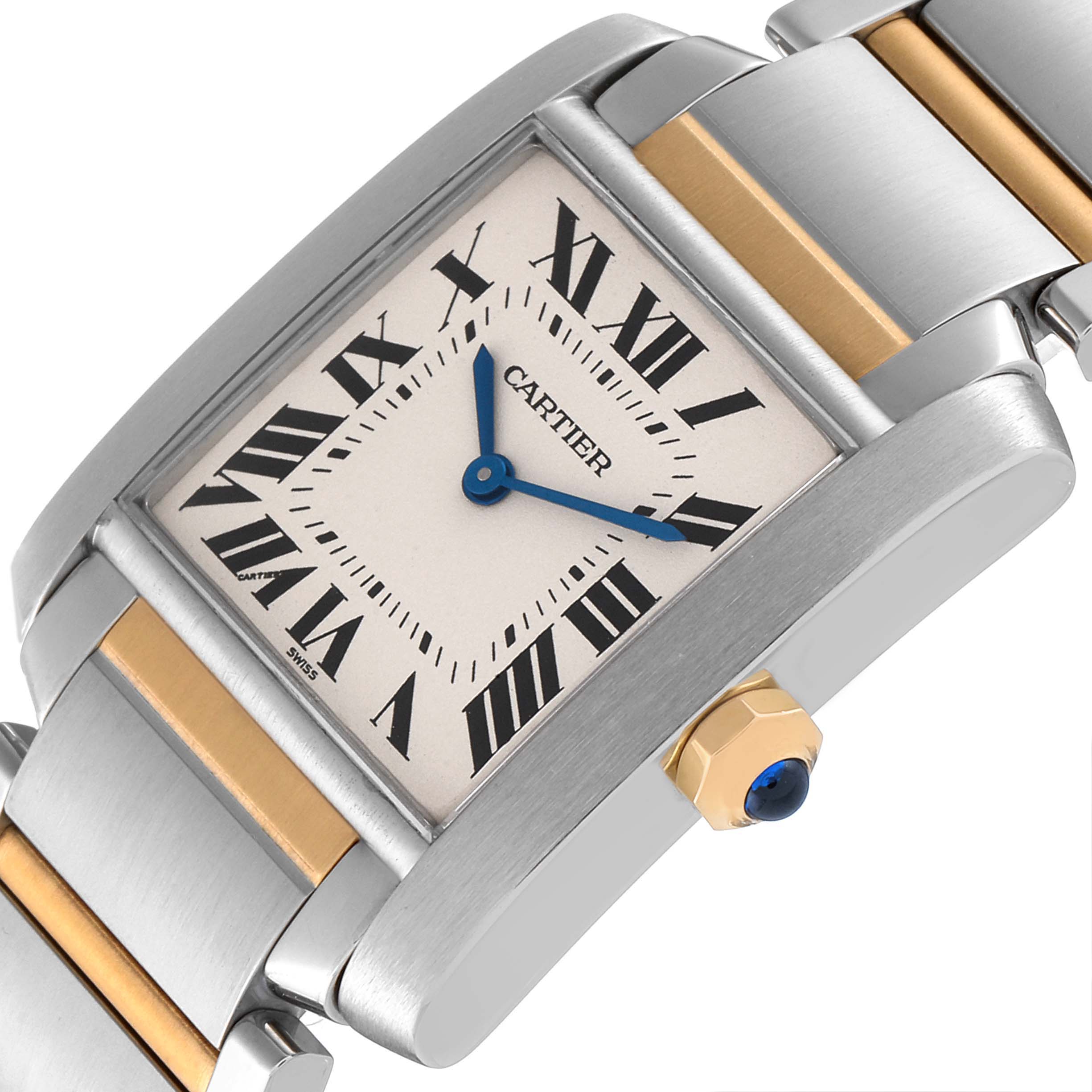 The image shows a close-up of the Tank Française watch by Cartier, focusing on the face, crown, and part of the bracelet.