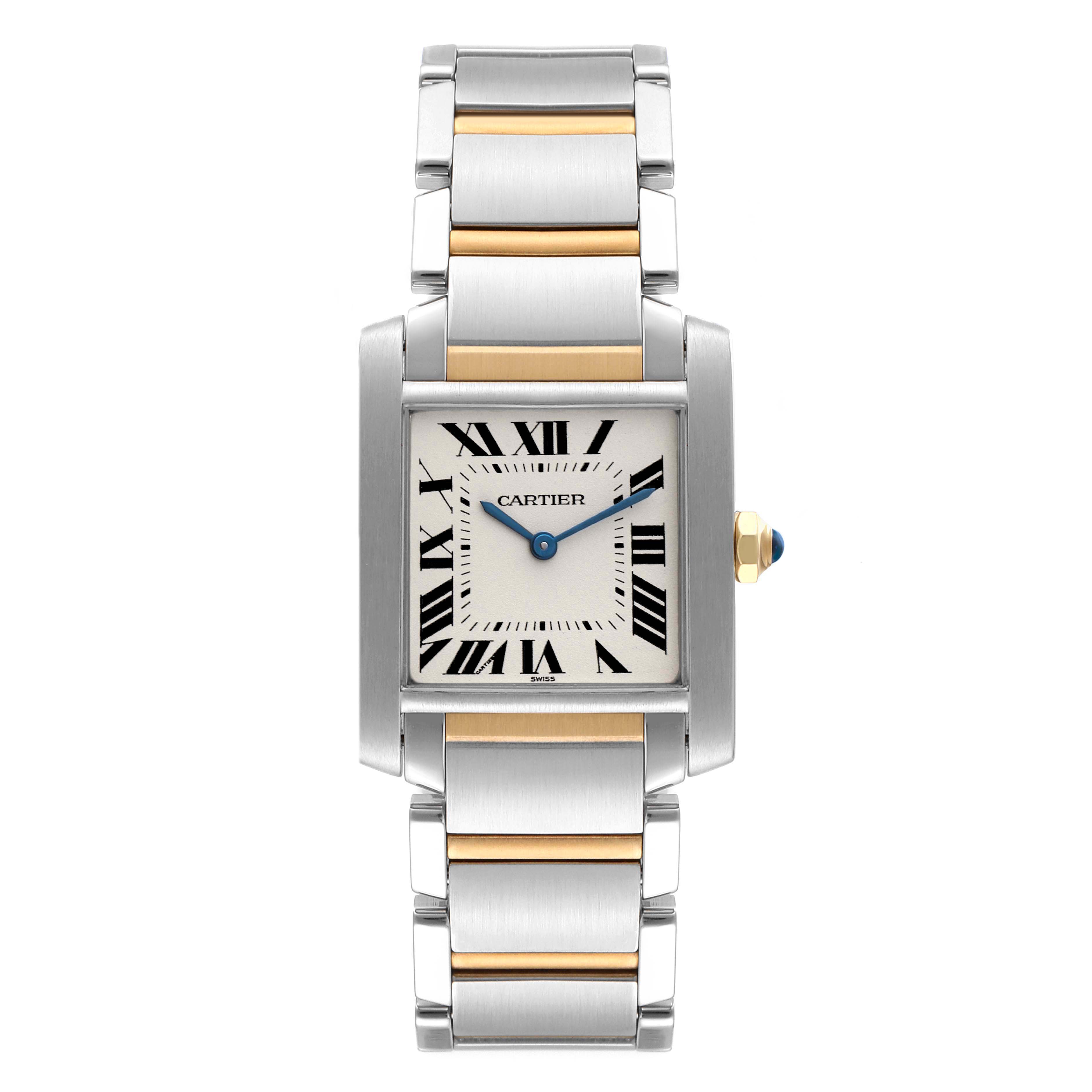 The image shows a frontal view of the Cartier Tank Francaise W2TA0003 Women's Steel and Gold (two tone) Silver Dial W2TA0003 Women's Steel and Gold (two tone) Silver Dial watch, displaying its dial, case, and bracelet.