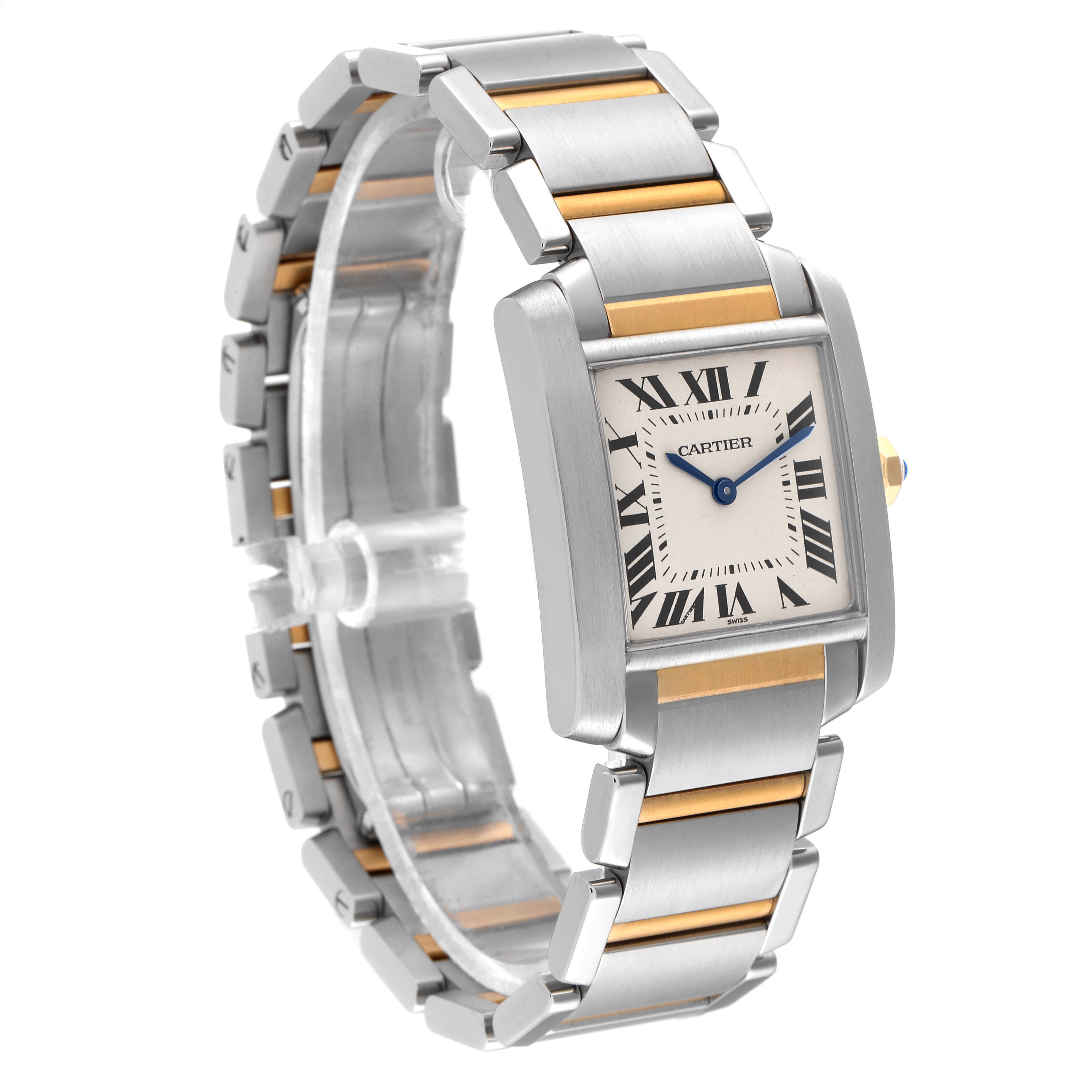 This image shows a Cartier Tank Française watch at a three-quarter angle, highlighting its rectangular case and two-tone bracelet.