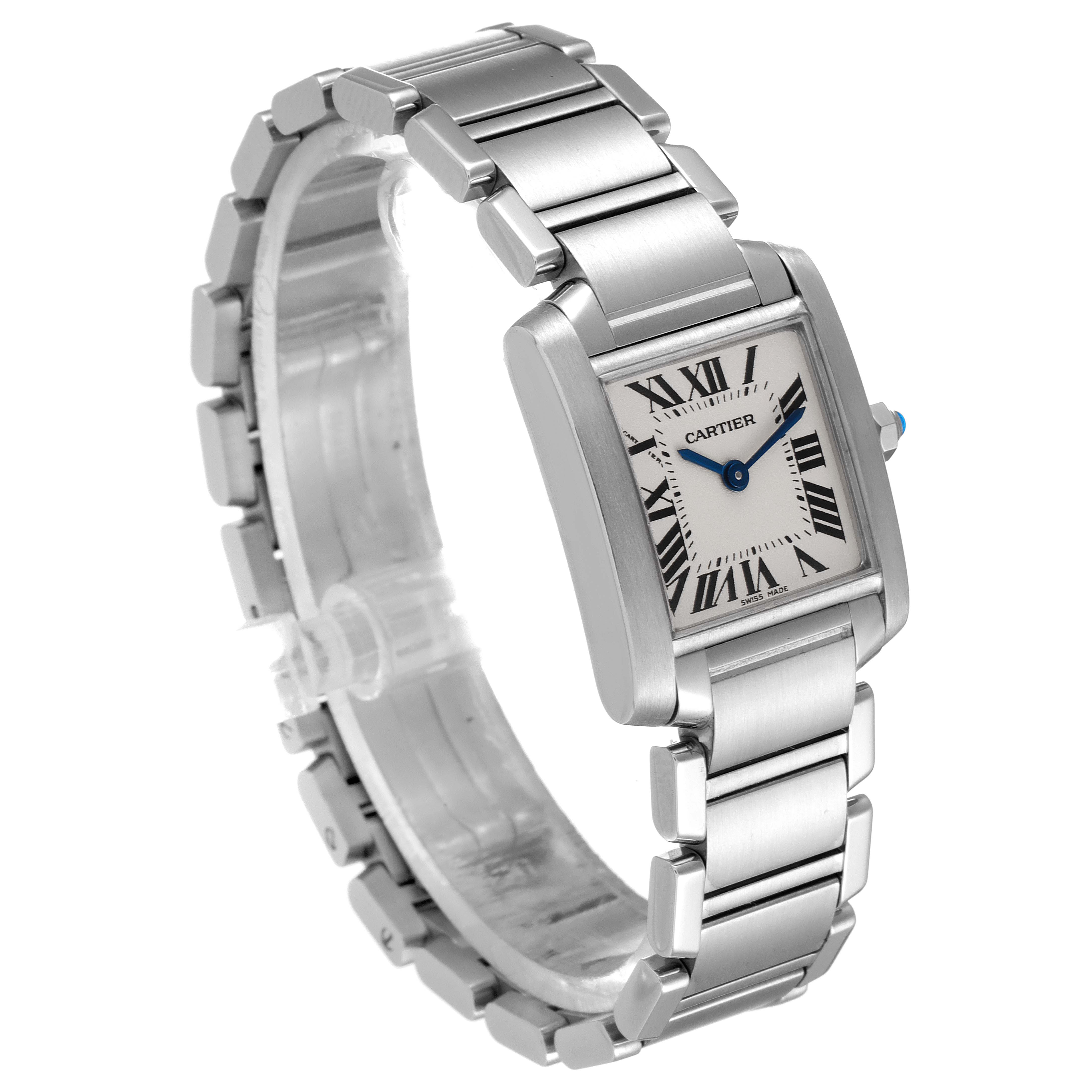 The image shows a Cartier Tank Francaise W51008Q3 Women's Stainless Steel Silver Dial W51008Q3 Women's Stainless Steel Silver Dial watch at a three-quarter angle, highlighting its bracelet and rectangular face.
