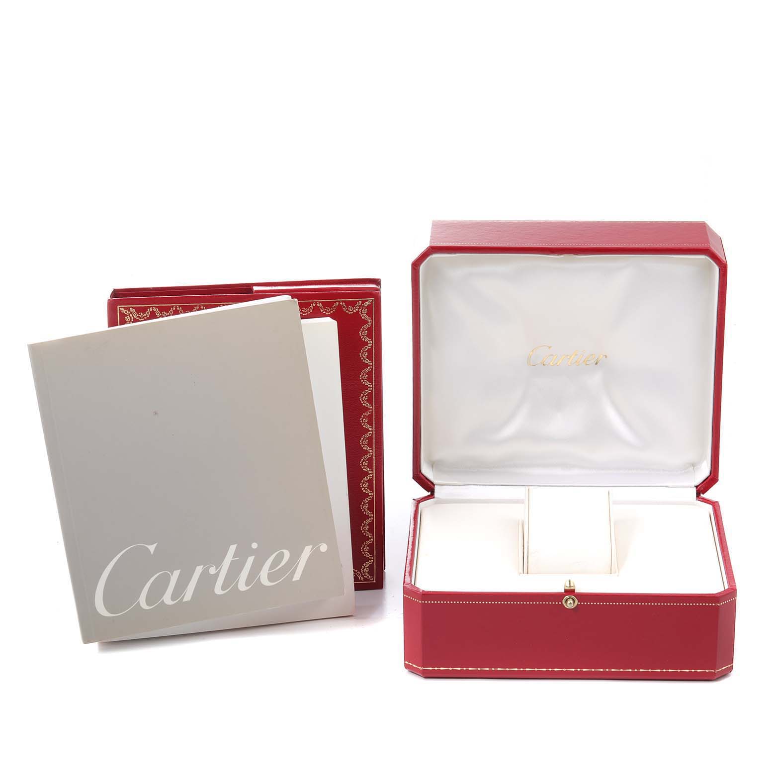 The image shows an open red Cartier box for the Tank Francaise model along with a gray booklet.