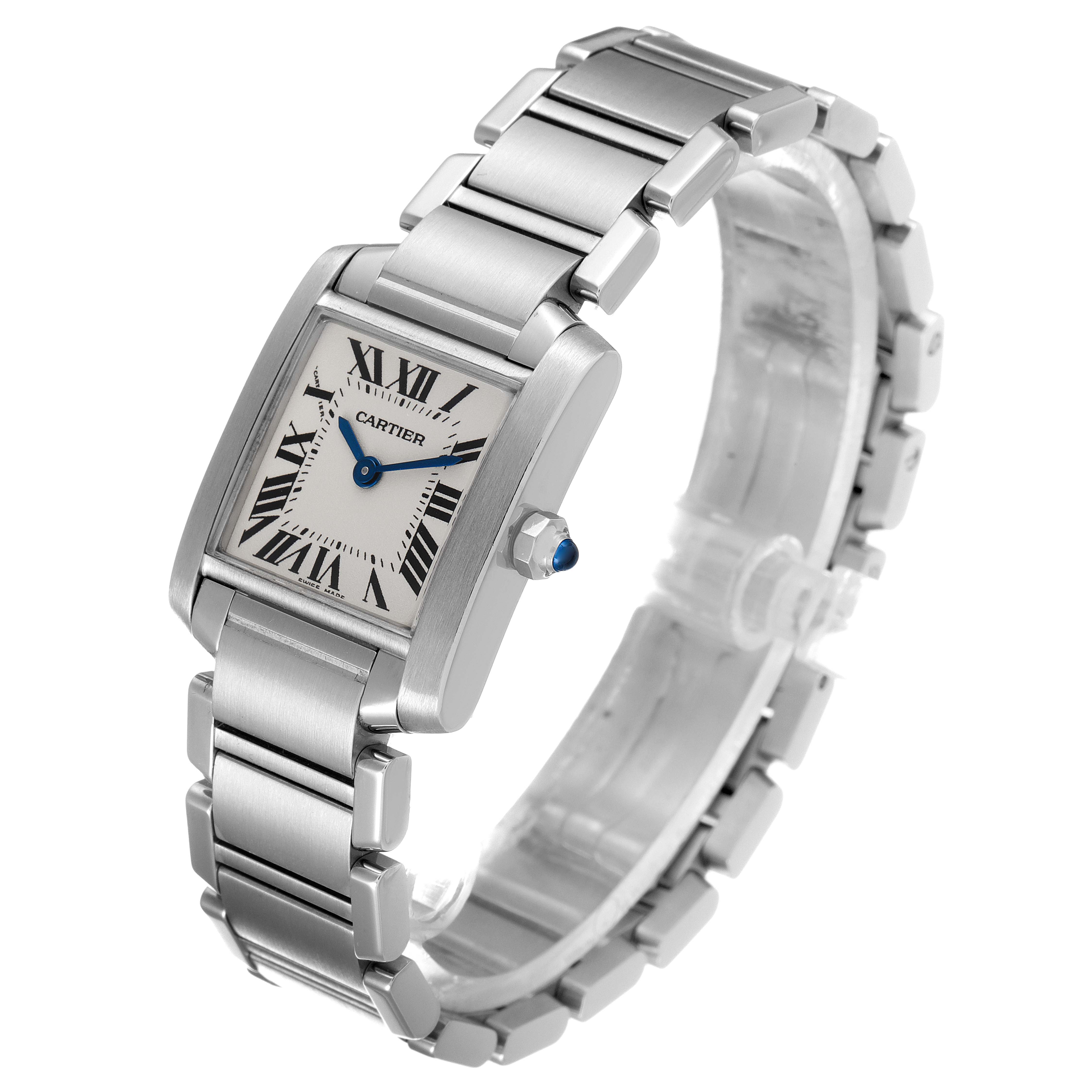 The Cartier Tank Francaise W51008Q3 Women's Stainless Steel Silver Dial W51008Q3 Women's Stainless Steel Silver Dial watch is shown from an angled front view, highlighting the face, bezel, and bracelet.