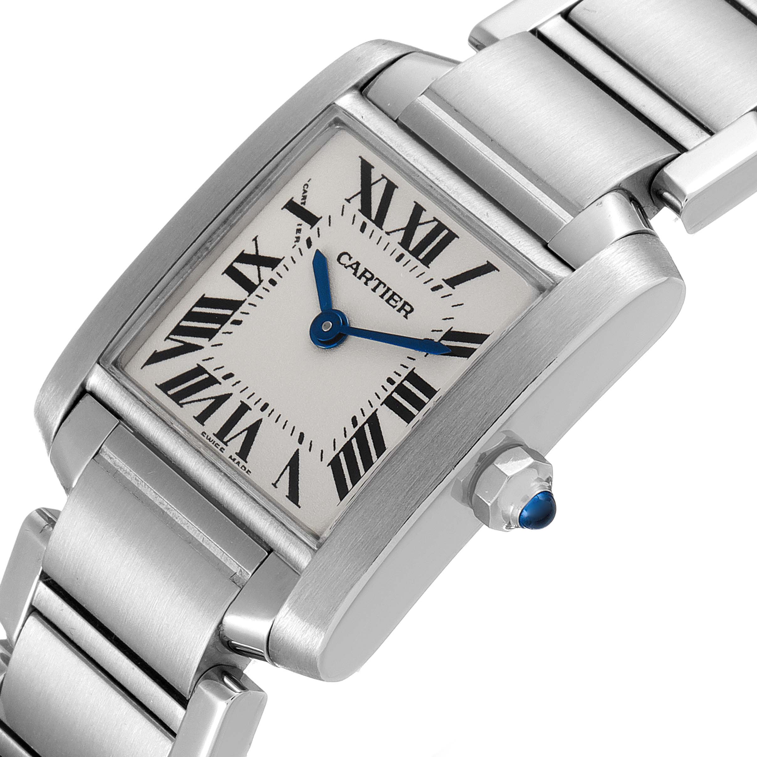The image shows a close-up angle of the Cartier Tank Francaise W51008Q3 Women's Stainless Steel Silver Dial W51008Q3 Women's Stainless Steel Silver Dial watch, highlighting the face, Roman numerals, hands, crown, and bracelet.