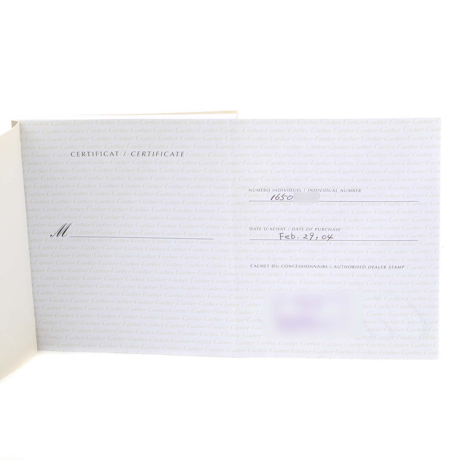 The image shows the certificate of authenticity for a Tank Francaise model by Cartier, dated February 29, 2004.