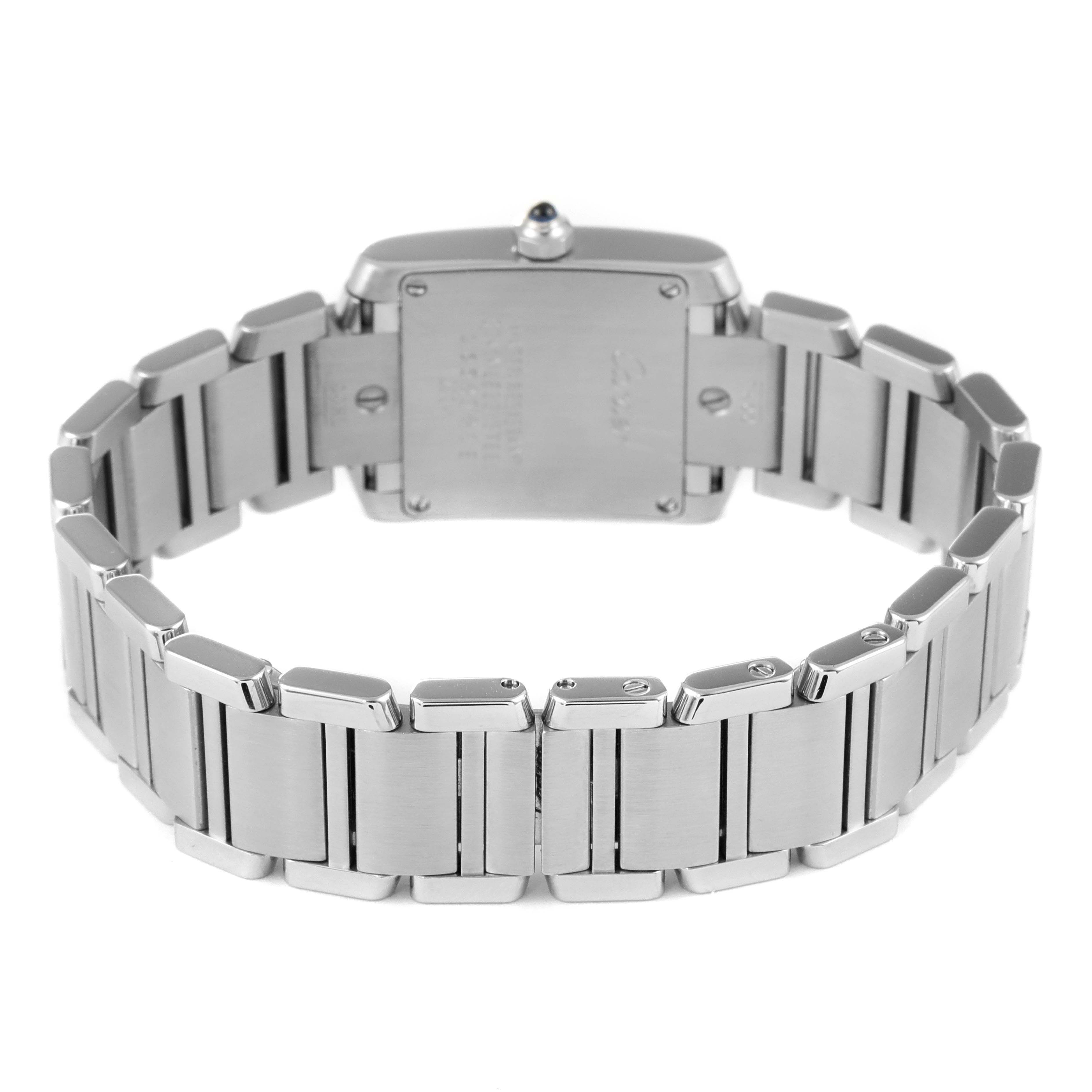 This image shows the back view of the Cartier Tank Francaise W51008Q3 Women's Stainless Steel Silver Dial W51008Q3 Women's Stainless Steel Silver Dial watch, focusing on the clasp and stainless steel bracelet.