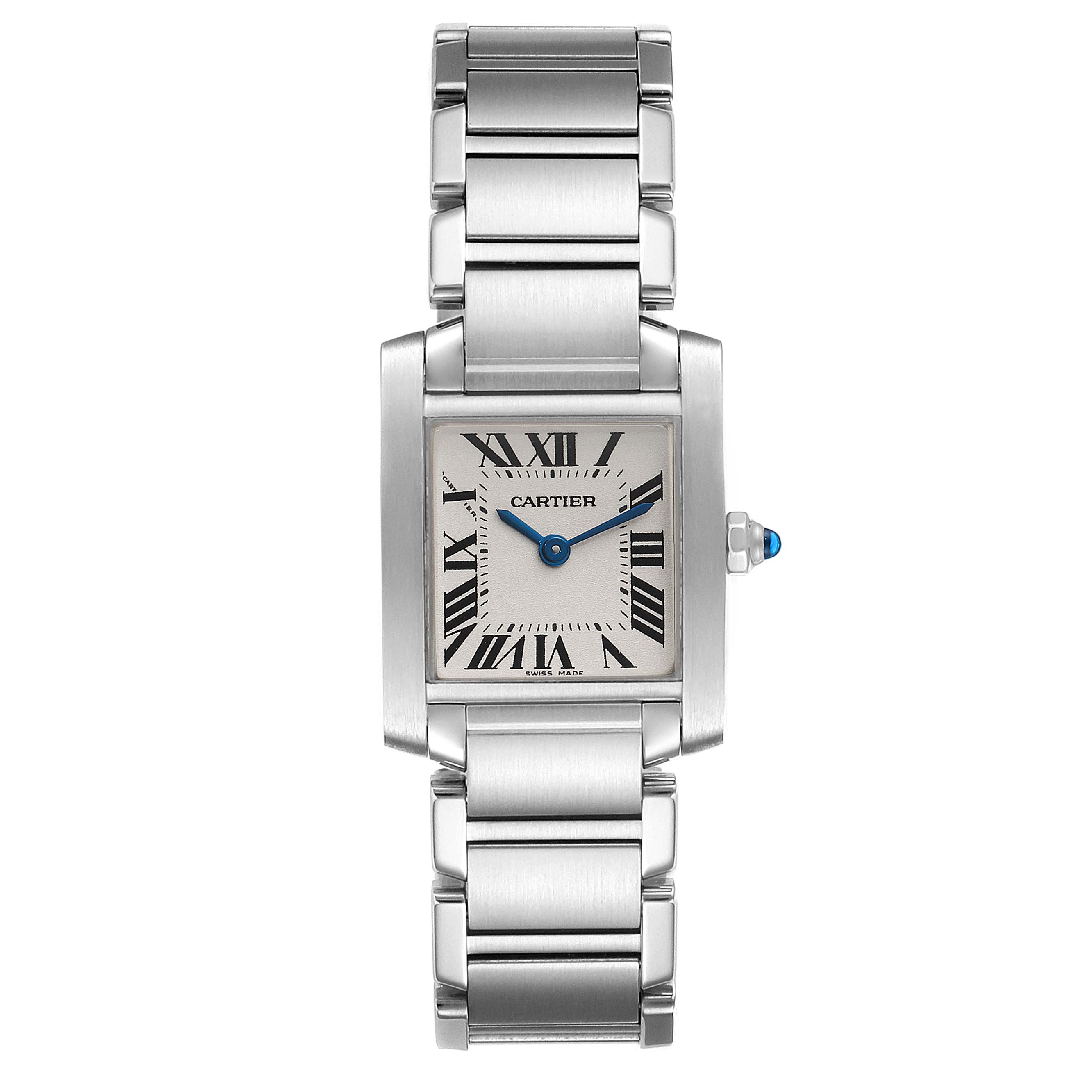 The image shows a front view of a Cartier Tank Francaise W51008Q3 Women's Stainless Steel Silver Dial W51008Q3 Women's Stainless Steel Silver Dial watch, showcasing its square dial, bracelet, and crown with a blue gem.