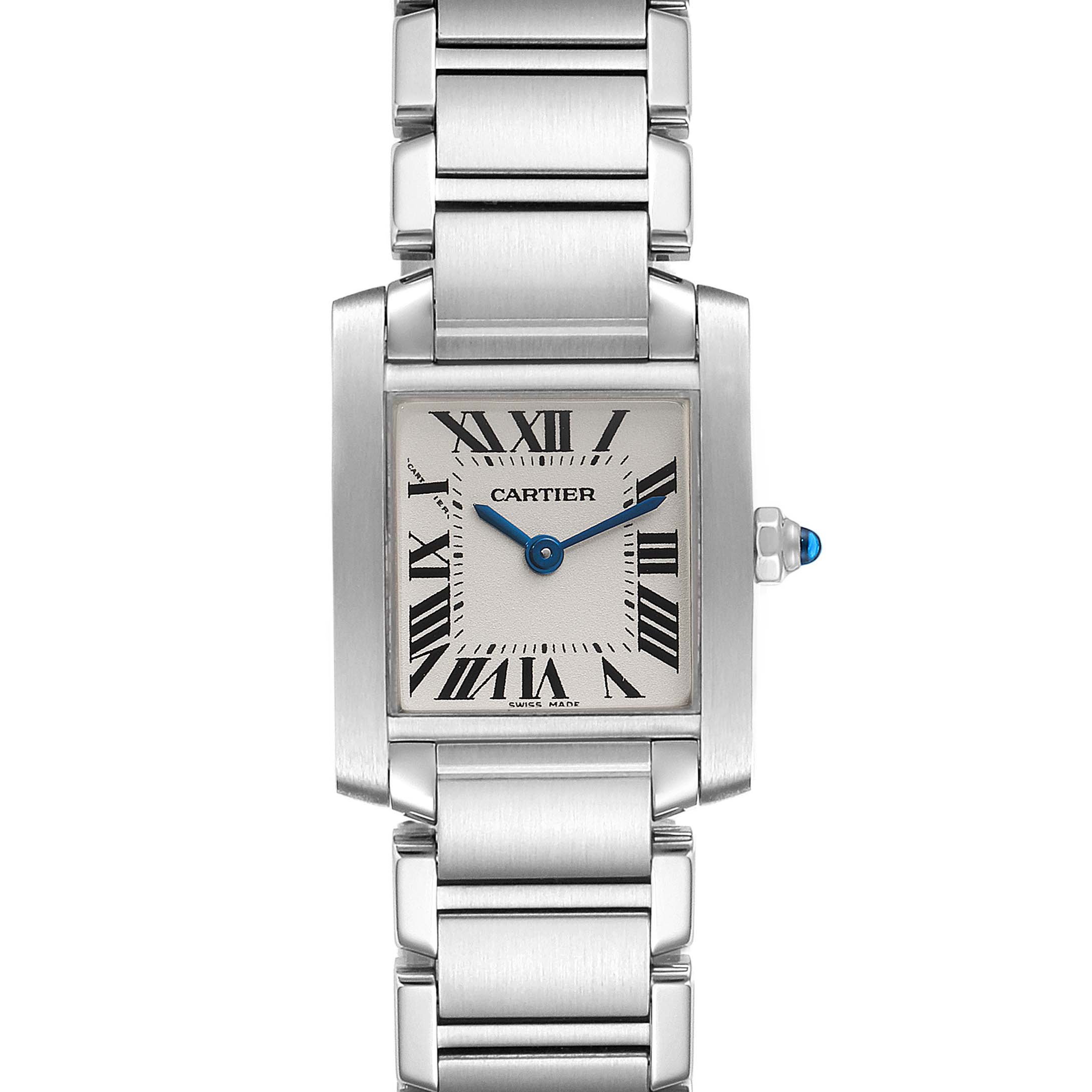 The image shows a Cartier Tank Francaise W51008Q3 Women's Stainless Steel Silver Dial W51008Q3 Women's Stainless Steel Silver Dial watch from a front view, highlighting its face, Roman numerals, hands, and metal bracelet.