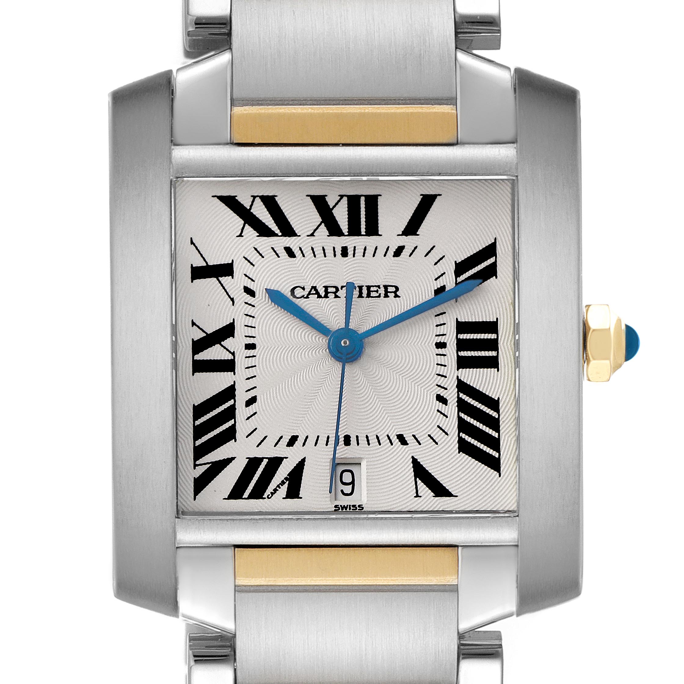 The Cartier Tank Française watch is shown from a front angle, displaying the dial, hands, crown, and part of the bracelet.