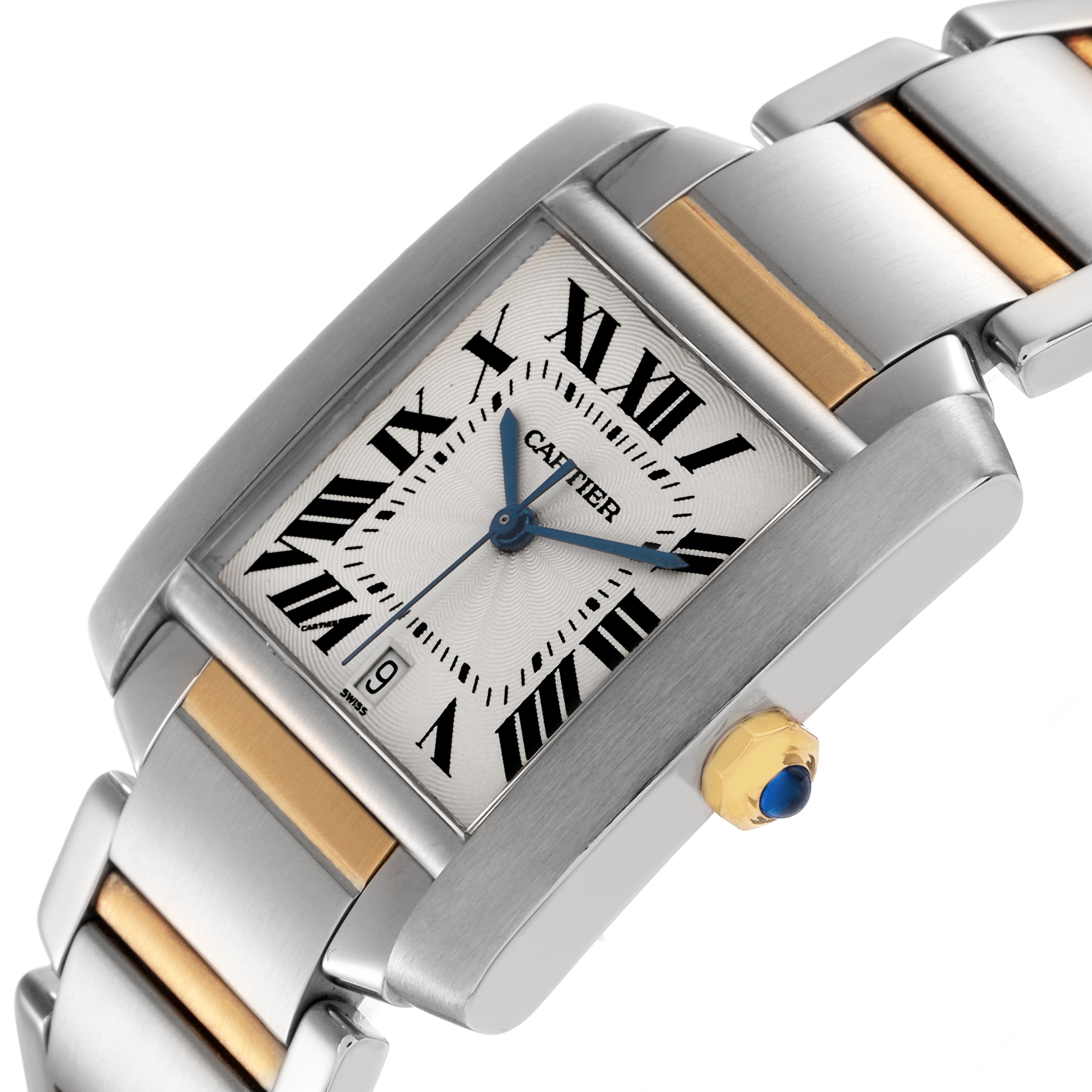 The Cartier Tank Francaise W51005Q4 Men's Steel and Gold (two tone) Silver Dial W51005Q4 Men's Steel and Gold (two tone) Silver Dial watch is shown at an angled view displaying the face, bezel, crown, and part of the bracelet.
