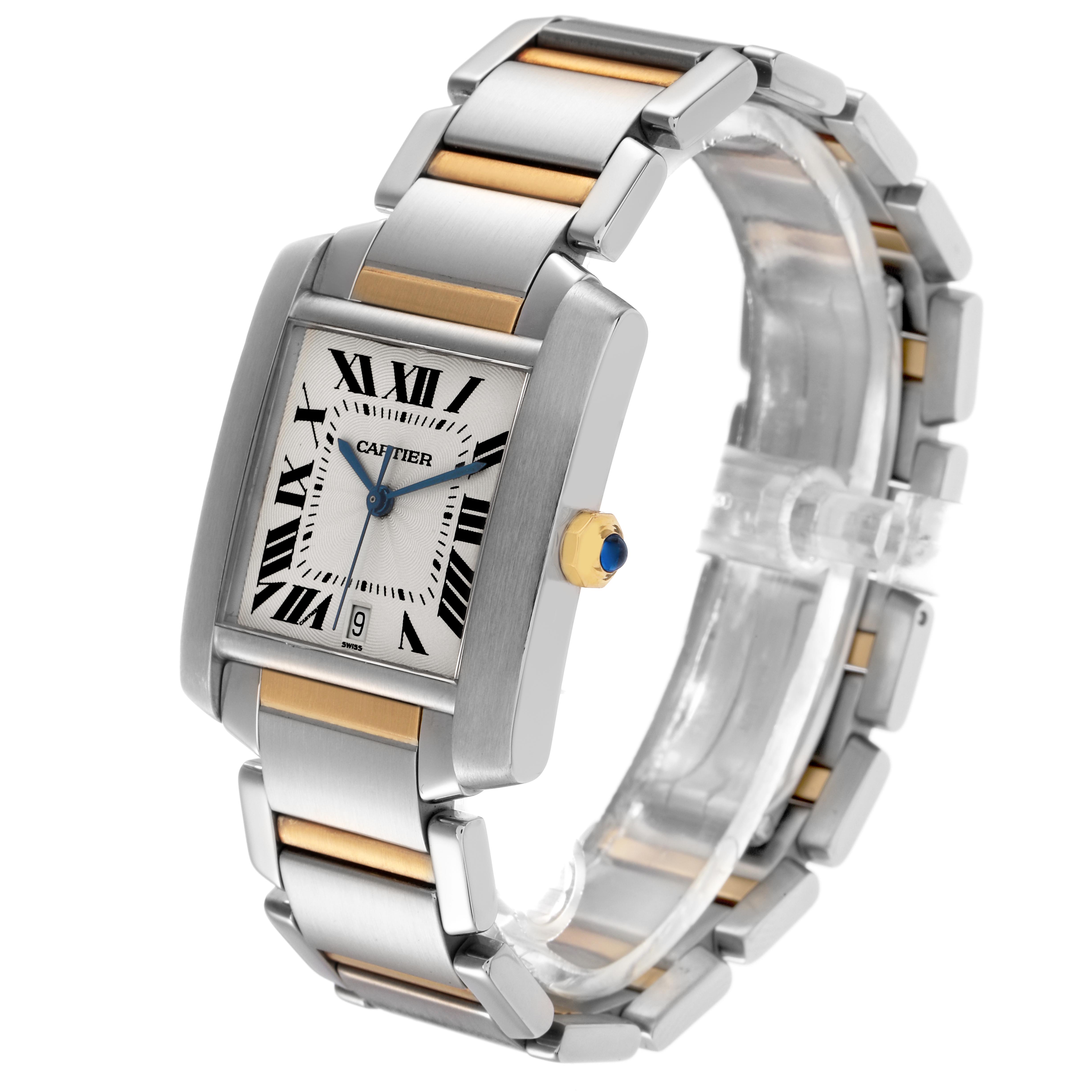 The Cartier Tank Francaise W51005Q4 Men's Steel and Gold (two tone) Silver Dial W51005Q4 Men's Steel and Gold (two tone) Silver Dial watch is shown at a three-quarter angle, displaying the face, links, crown, and part of the bracelet.