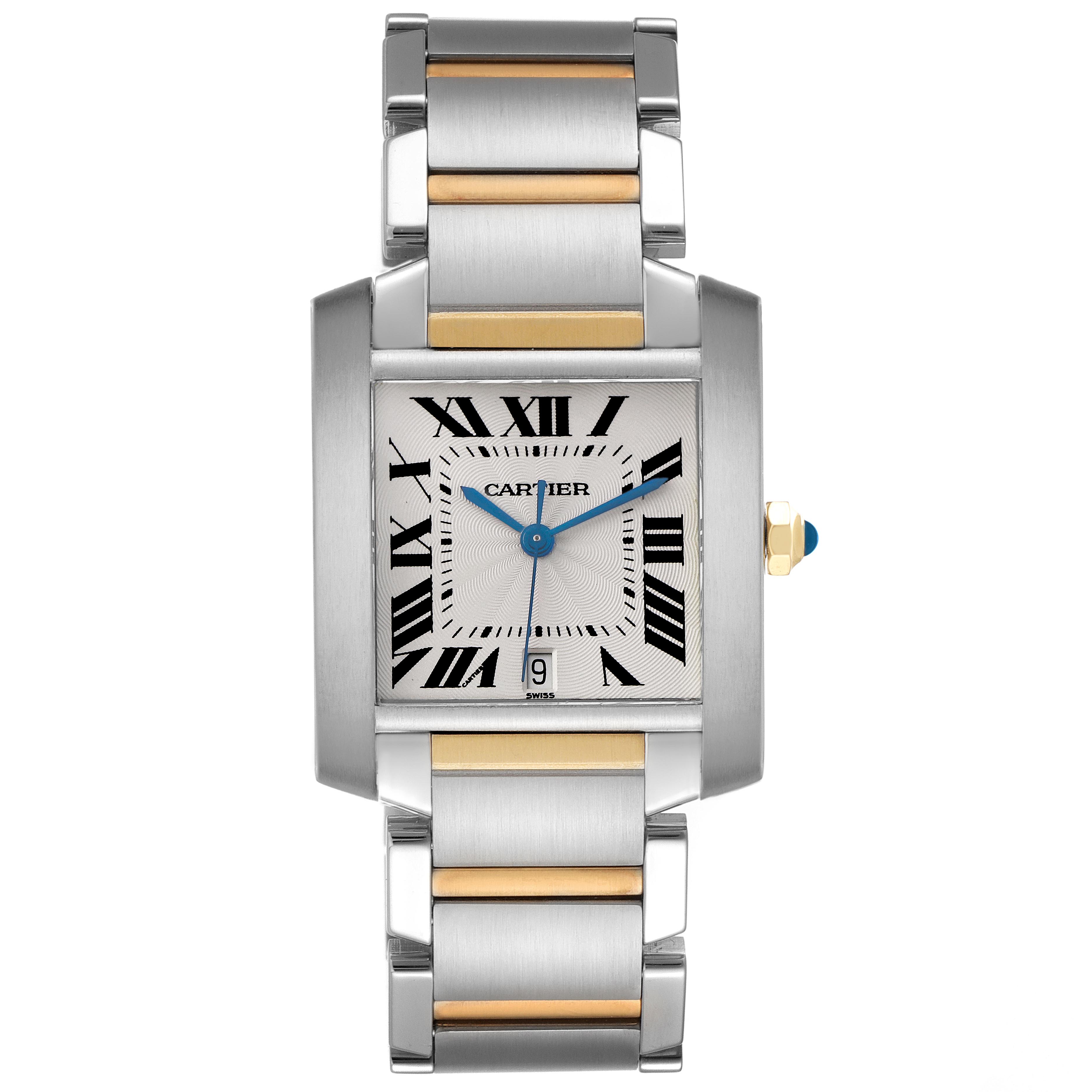 The Cartier Tank Francaise W51005Q4 Men's Steel and Gold (two tone) Silver Dial W51005Q4 Men's Steel and Gold (two tone) Silver Dial watch is shown from a top-down angle, highlighting the face, Roman numerals, hands, bracelet, and crown.