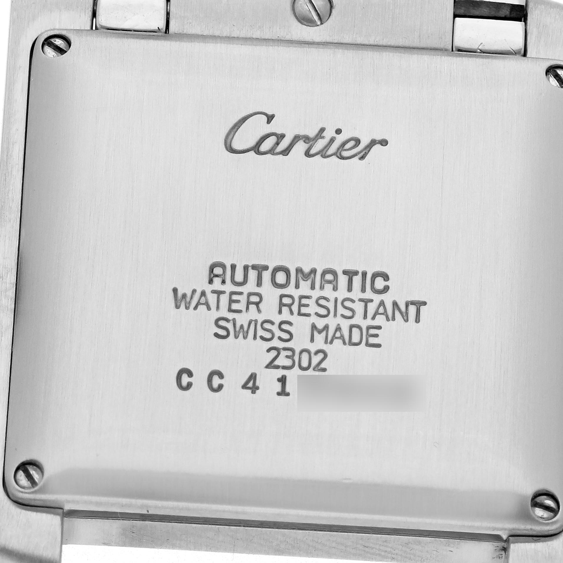 The image shows the back of a Cartier Tank Francaise W51005Q4 Men's Steel and Gold (two tone) Silver Dial W51005Q4 Men's Steel and Gold (two tone) Silver Dial watch, featuring the engraved brand logo and model details.