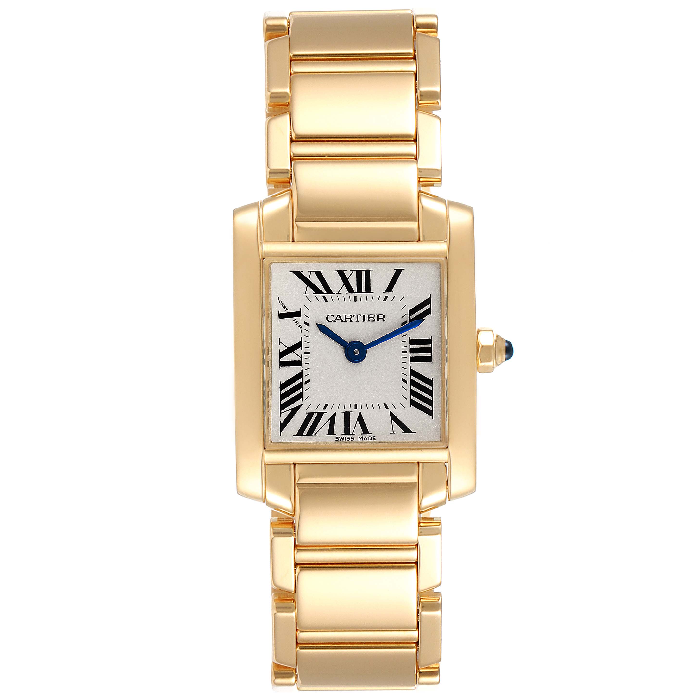 This image shows a front view of a Cartier Tank Francaise W50002N2 Women's Yellow Gold Silver Dial W50002N2 Women's Yellow Gold Silver Dial watch, highlighting the watch face and gold bracelet.