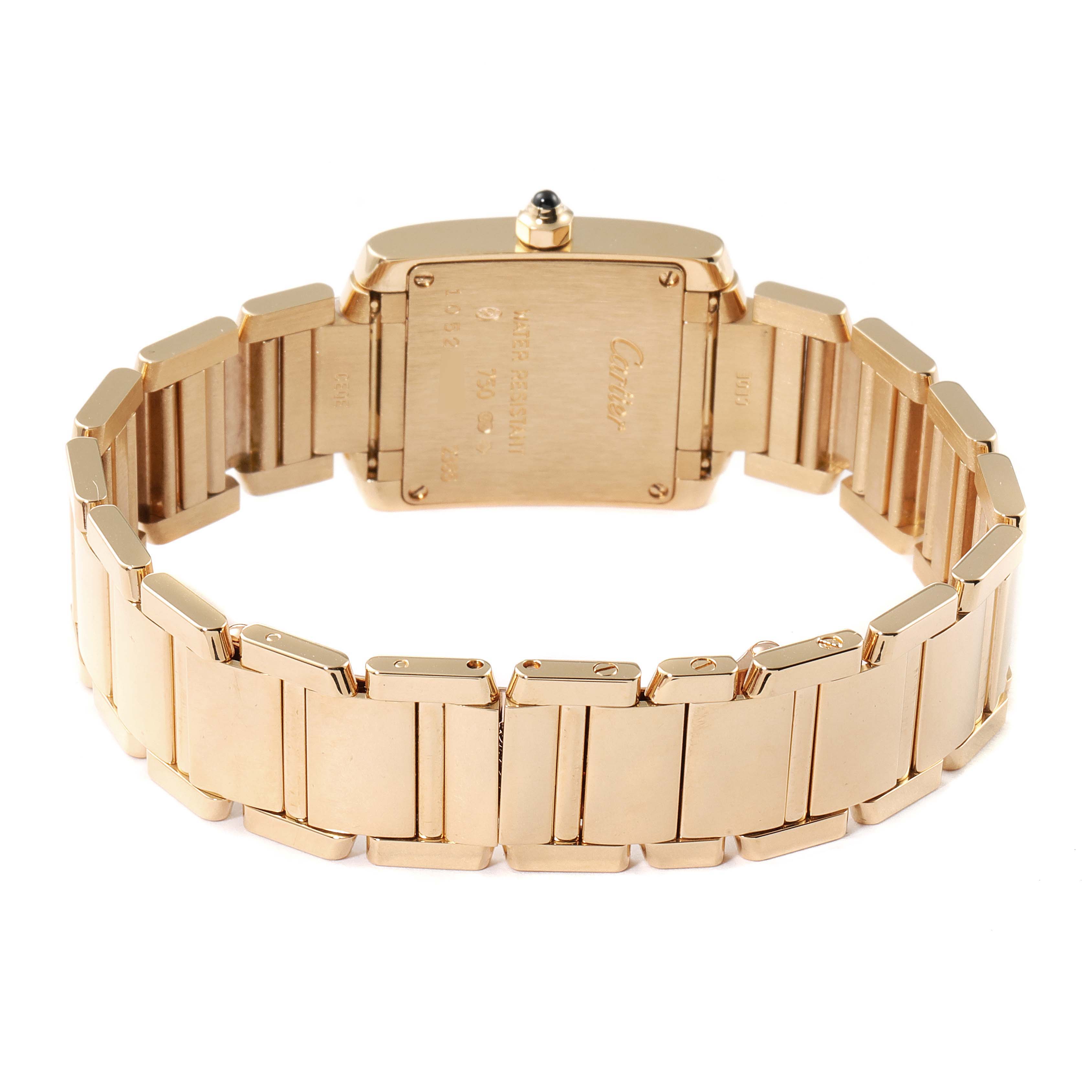 The image shows the back view of a Cartier Tank Francaise W50002N2 Women's Yellow Gold Silver Dial W50002N2 Women's Yellow Gold Silver Dial watch, highlighting the case back and the metal bracelet.