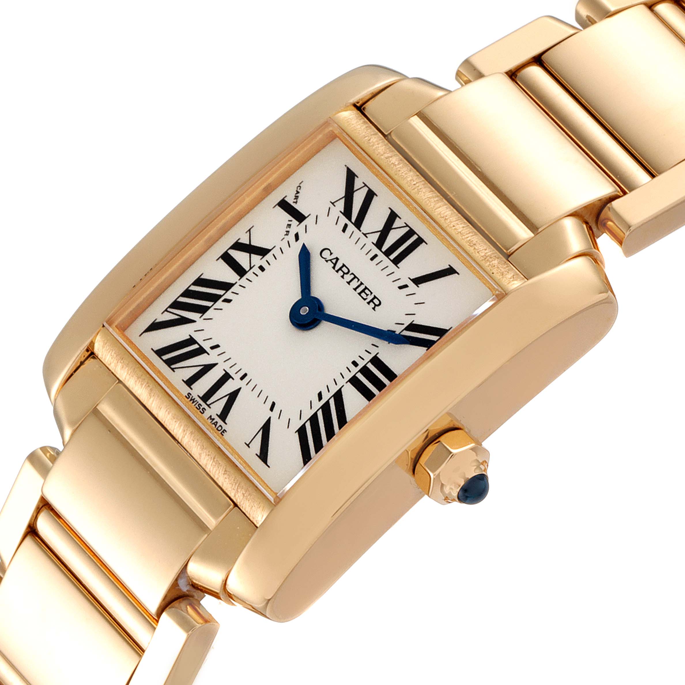 This image shows a close-up angle of the Cartier Tank Francaise W50002N2 Women's Yellow Gold Silver Dial W50002N2 Women's Yellow Gold Silver Dial watch, displaying its face, crown, and part of the bracelet.