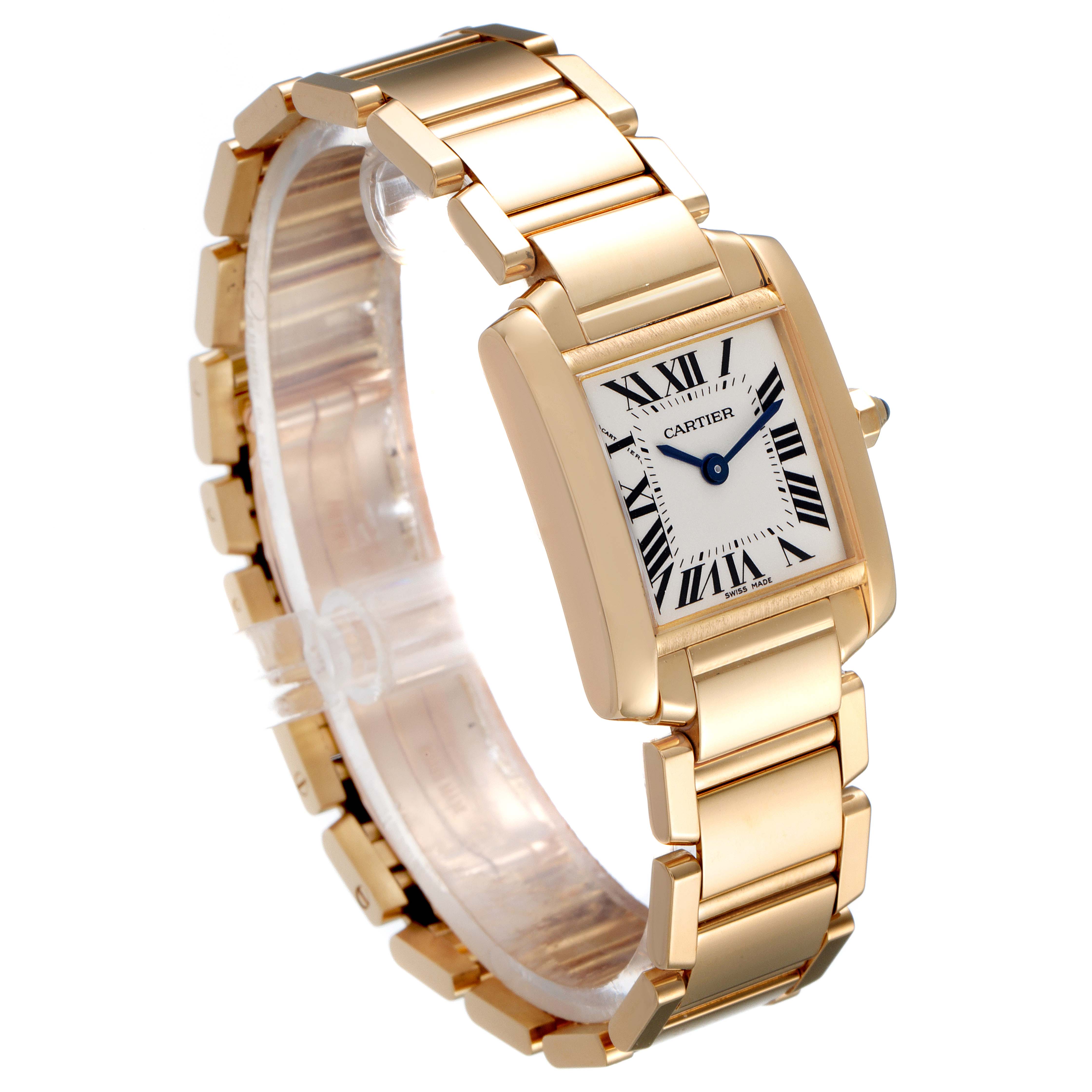 The image shows a Cartier Tank Française watch at a three-quarter angle, highlighting the metal bracelet and rectangular dial.