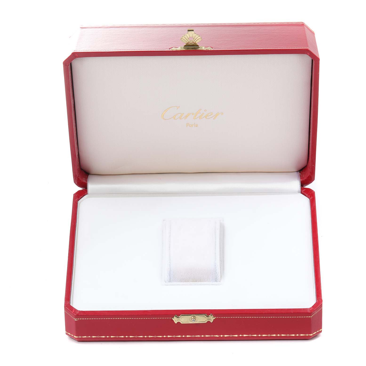 The image shows an open red Cartier watch box for the Tank Francaise model without the watch inside.