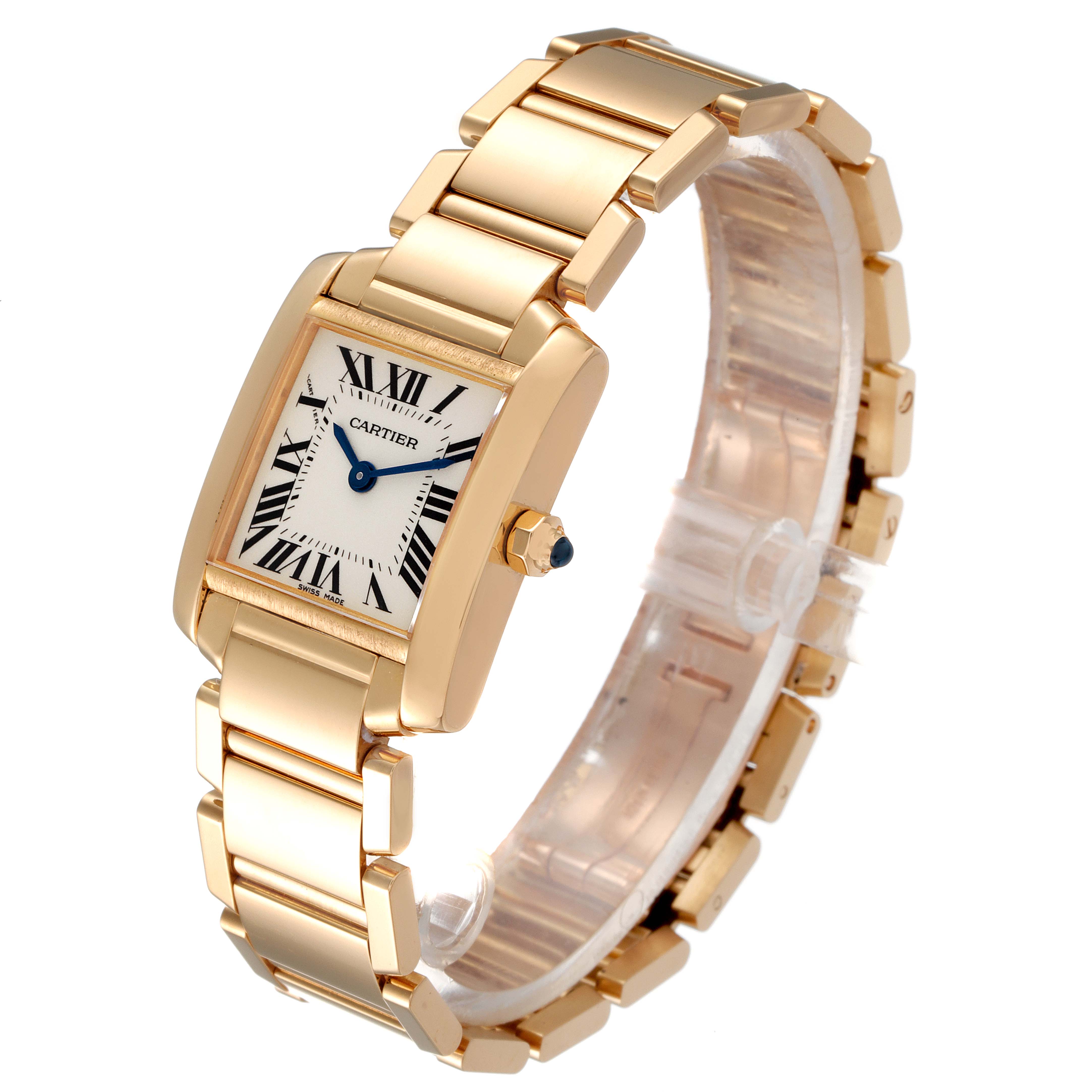 This image shows the Cartier Tank Francaise W50002N2 Women's Yellow Gold Silver Dial W50002N2 Women's Yellow Gold Silver Dial watch angled slightly to display its face, band, and crown with a sapphire cabochon.