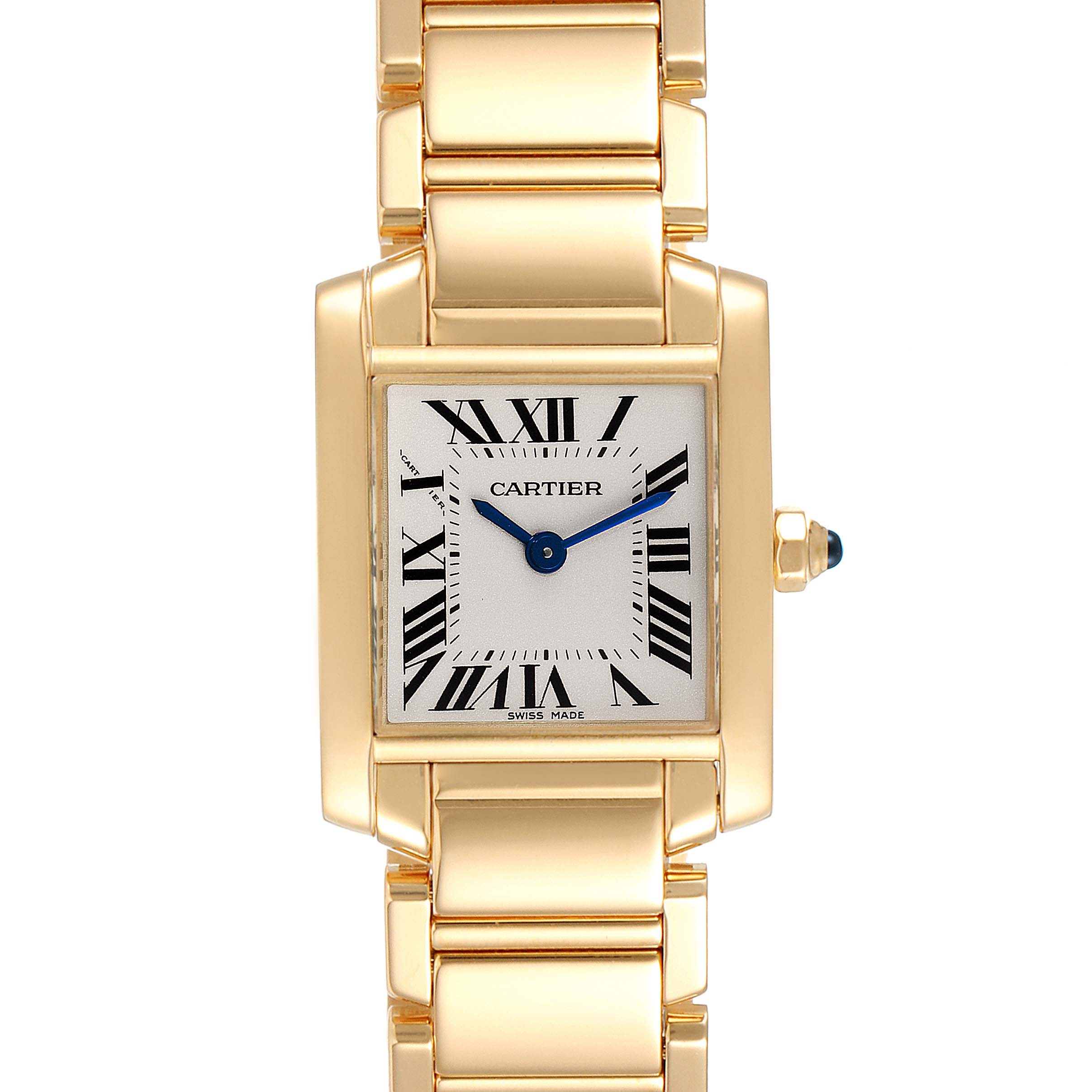 This image shows a front view of the Cartier Tank Francaise W50002N2 Women's Yellow Gold Silver Dial W50002N2 Women's Yellow Gold Silver Dial watch, displaying the dial, case, and bracelet.