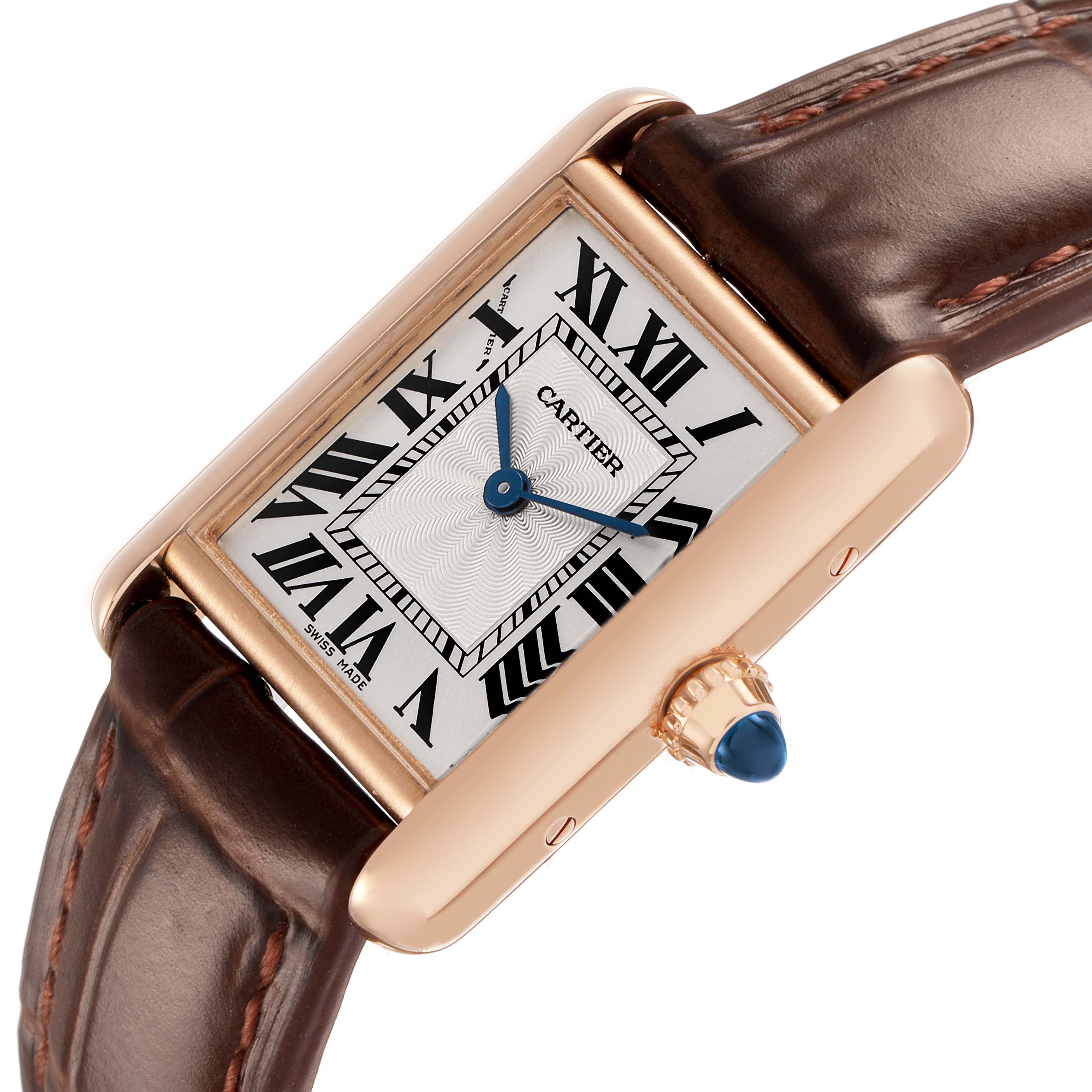 The Cartier Tank Louis WGTA0010 Women's Rose Gold Silver Dial watch is angled diagonally, showing the face, crown, and brown leather strap.