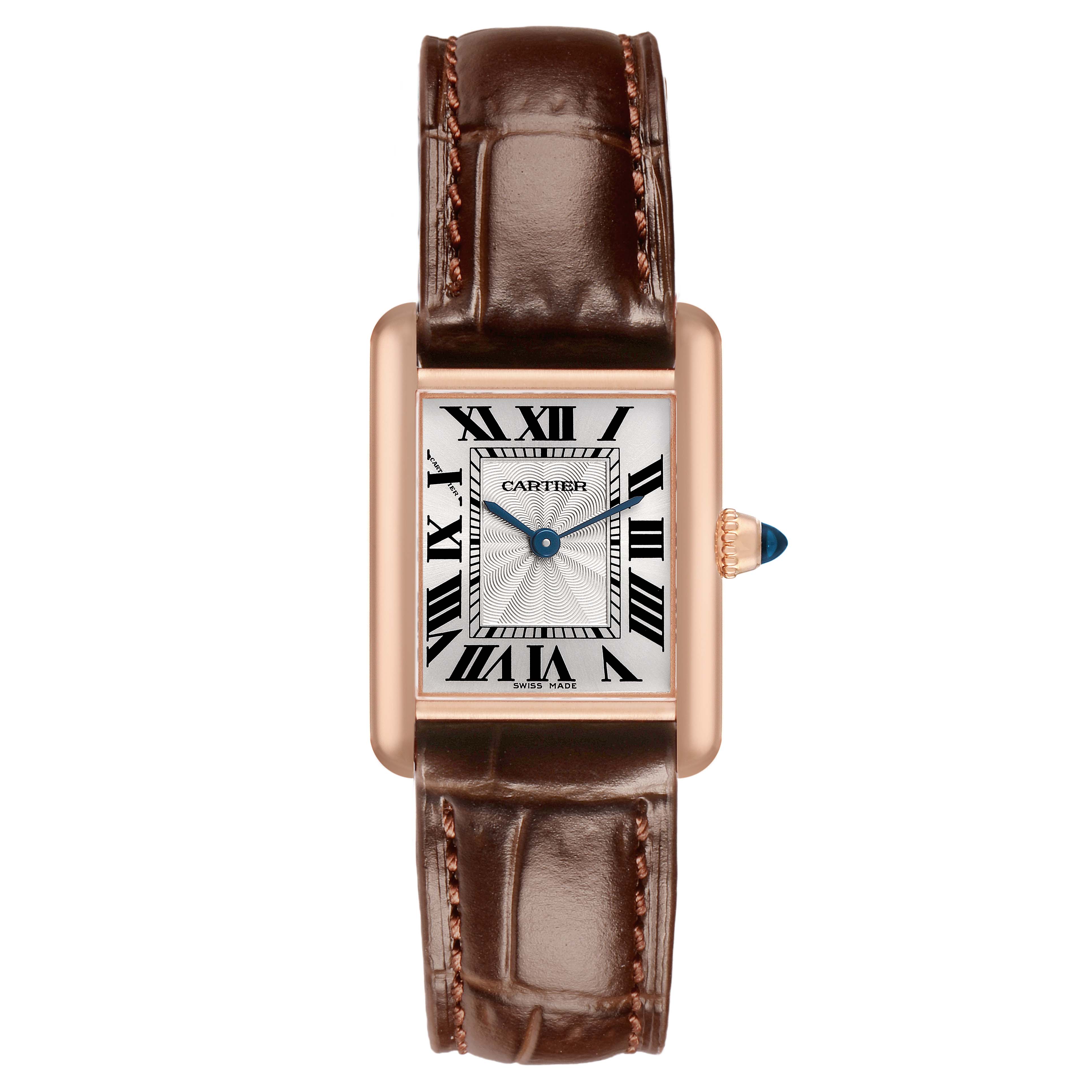 The image shows a front view of the Cartier Tank Louis WGTA0010 Women's Rose Gold Silver Dial watch, highlighting its rectangular face, Roman numerals, and leather strap.