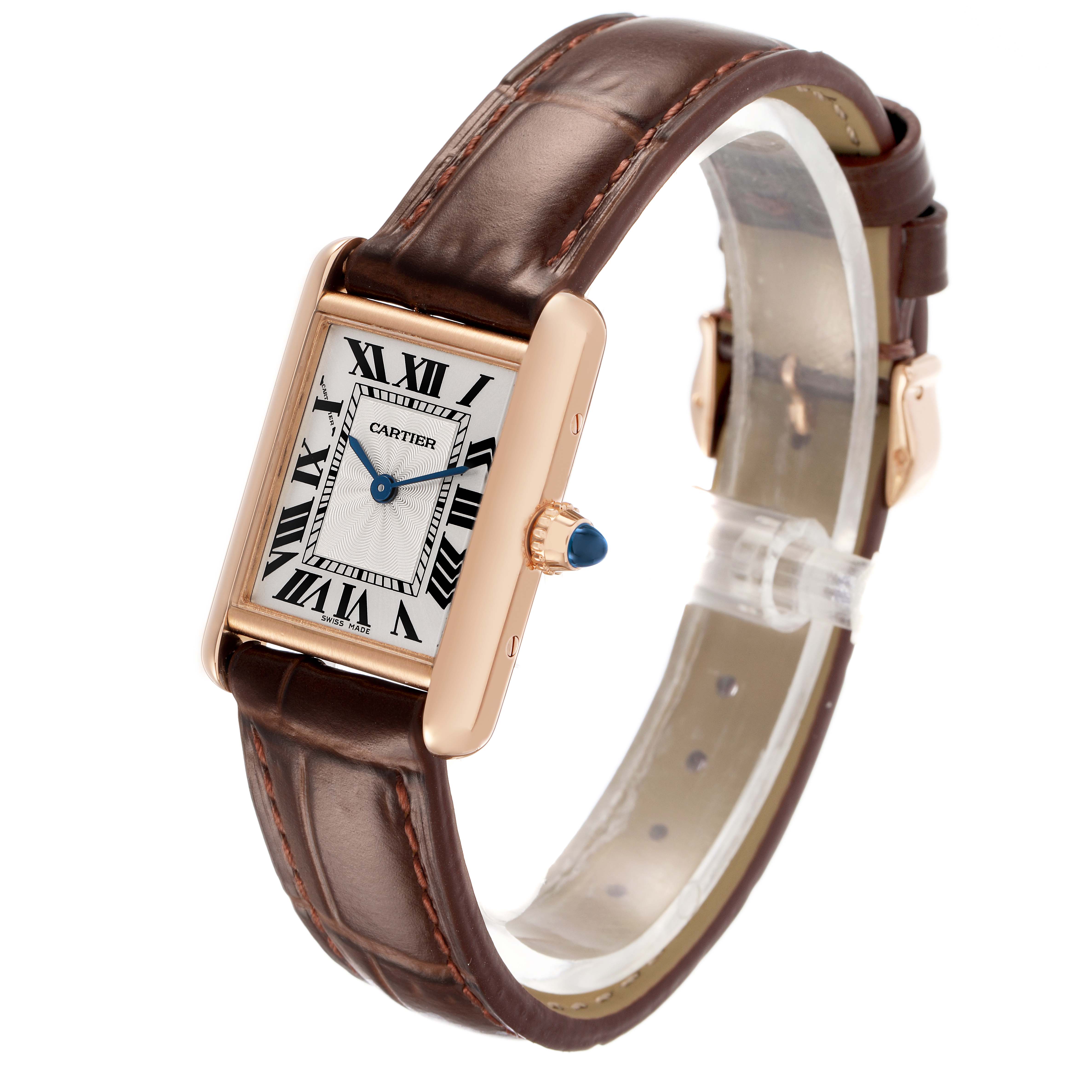 The Cartier Tank Louis WGTA0010 Women's Rose Gold Silver Dial watch is shown at an angle displaying the face, crown, and brown leather strap.