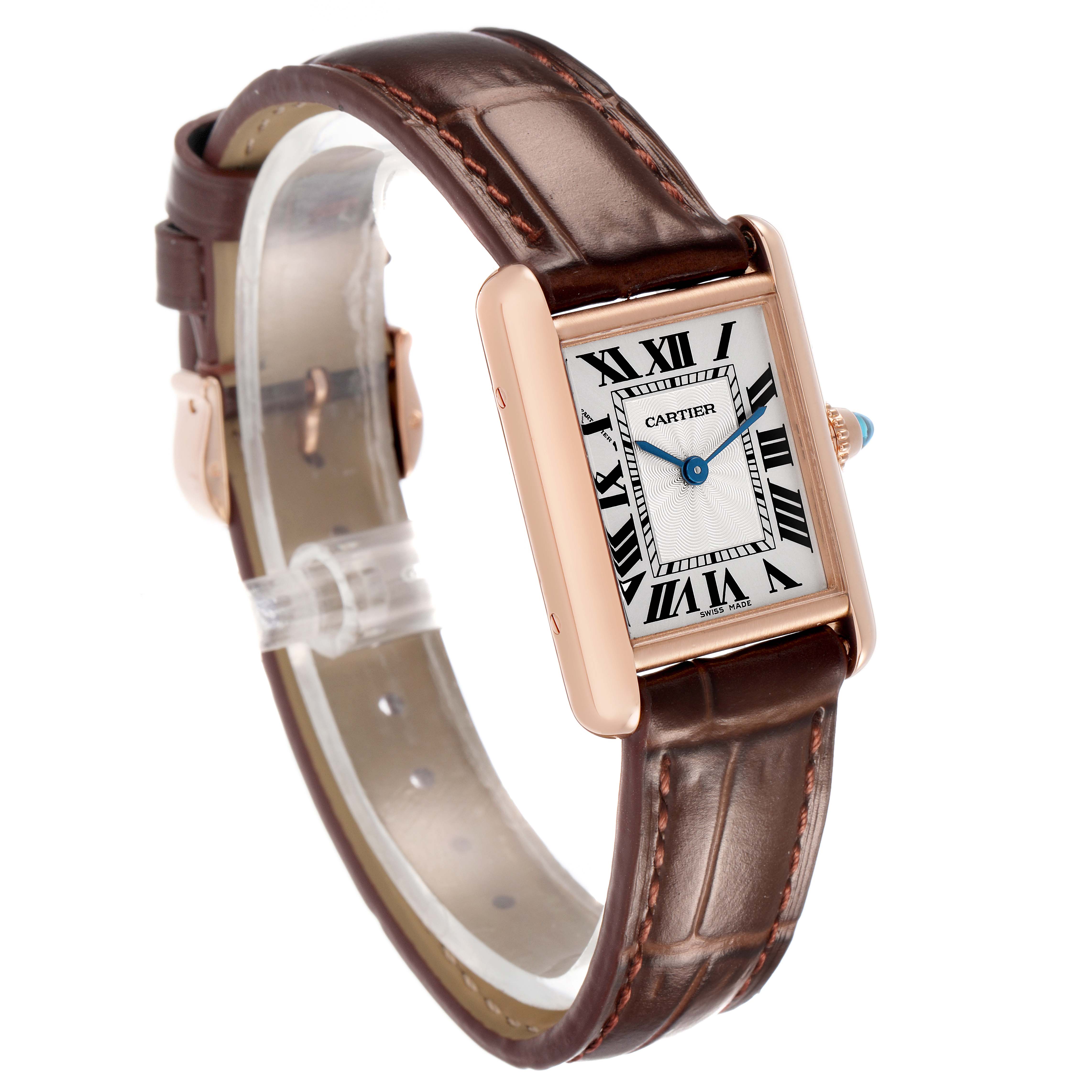 The Cartier Tank Louis WGTA0010 Women's Rose Gold Silver Dial watch is shown at a slight angle, highlighting the rectangular case, Roman numerals, and brown leather strap.