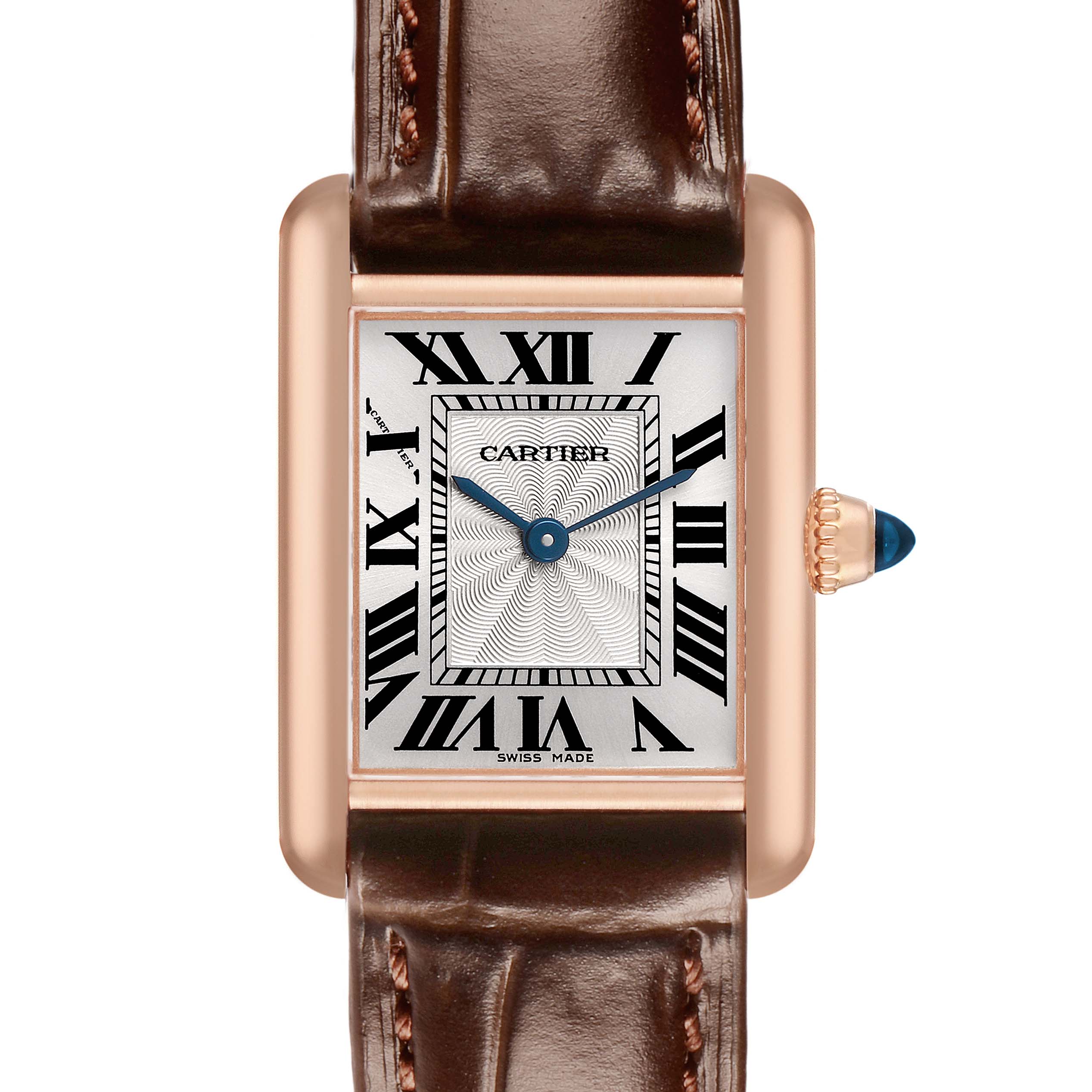 The Cartier Tank Louis WGTA0010 Women's Rose Gold Silver Dial watch is shown from the front, highlighting its rectangular face, Roman numerals, blue hands, and leather strap.