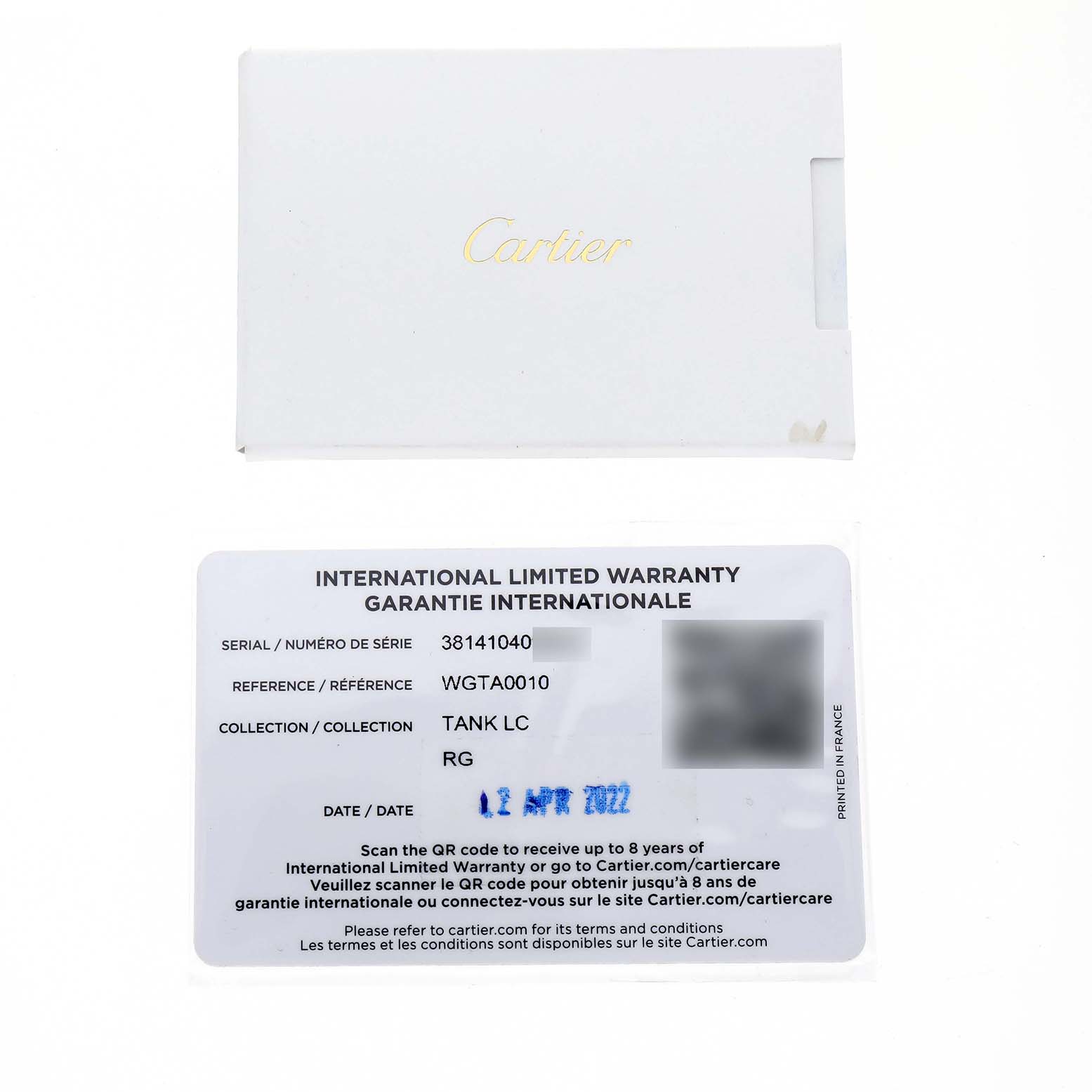 The image shows a Cartier Tank Louis WGTA0010 Women's Rose Gold Silver Dial warranty card and its envelope with branding visible.