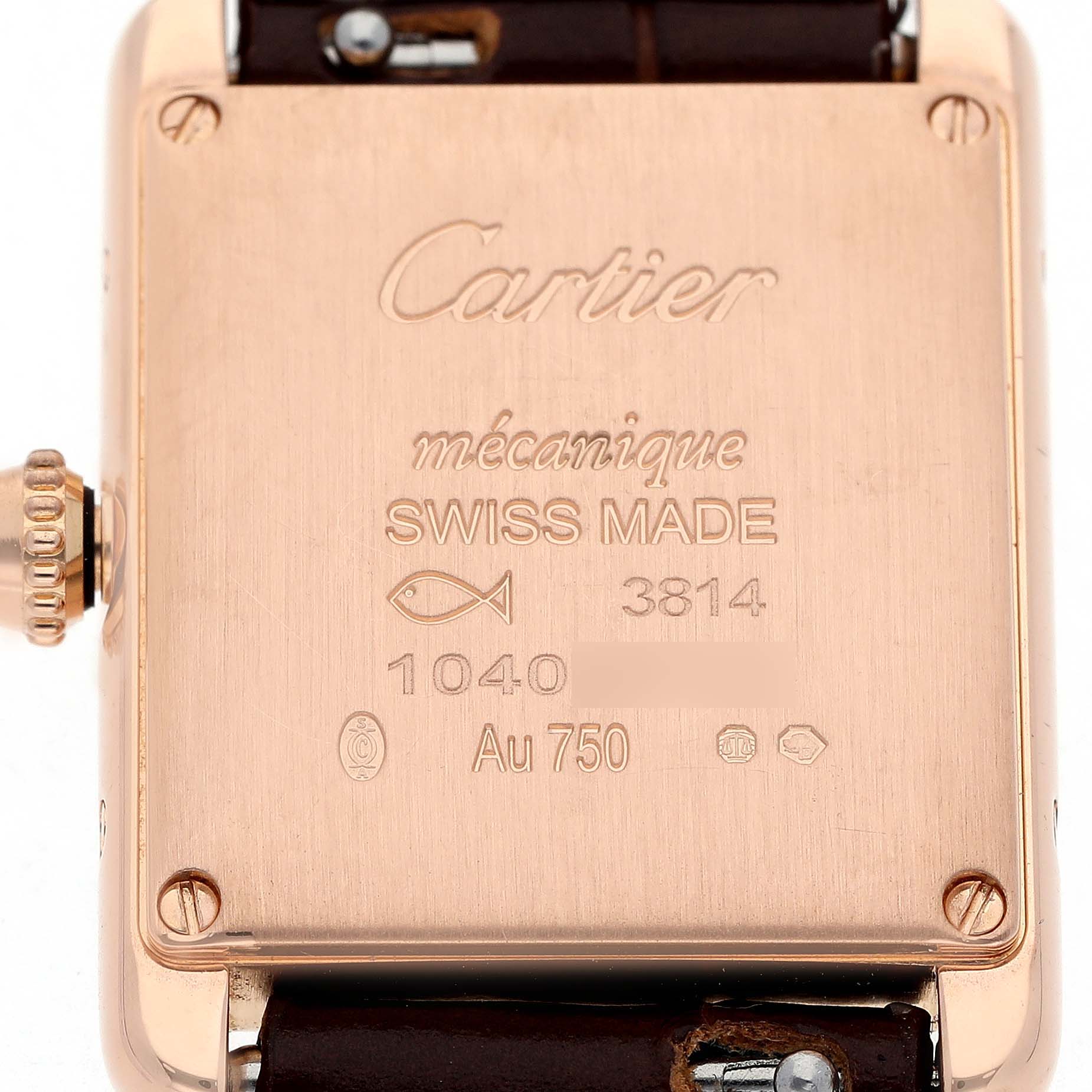 The image shows the back of the Cartier Tank Louis WGTA0010 Women's Rose Gold Silver Dial watch, highlighting engravings and the crown's side profile.