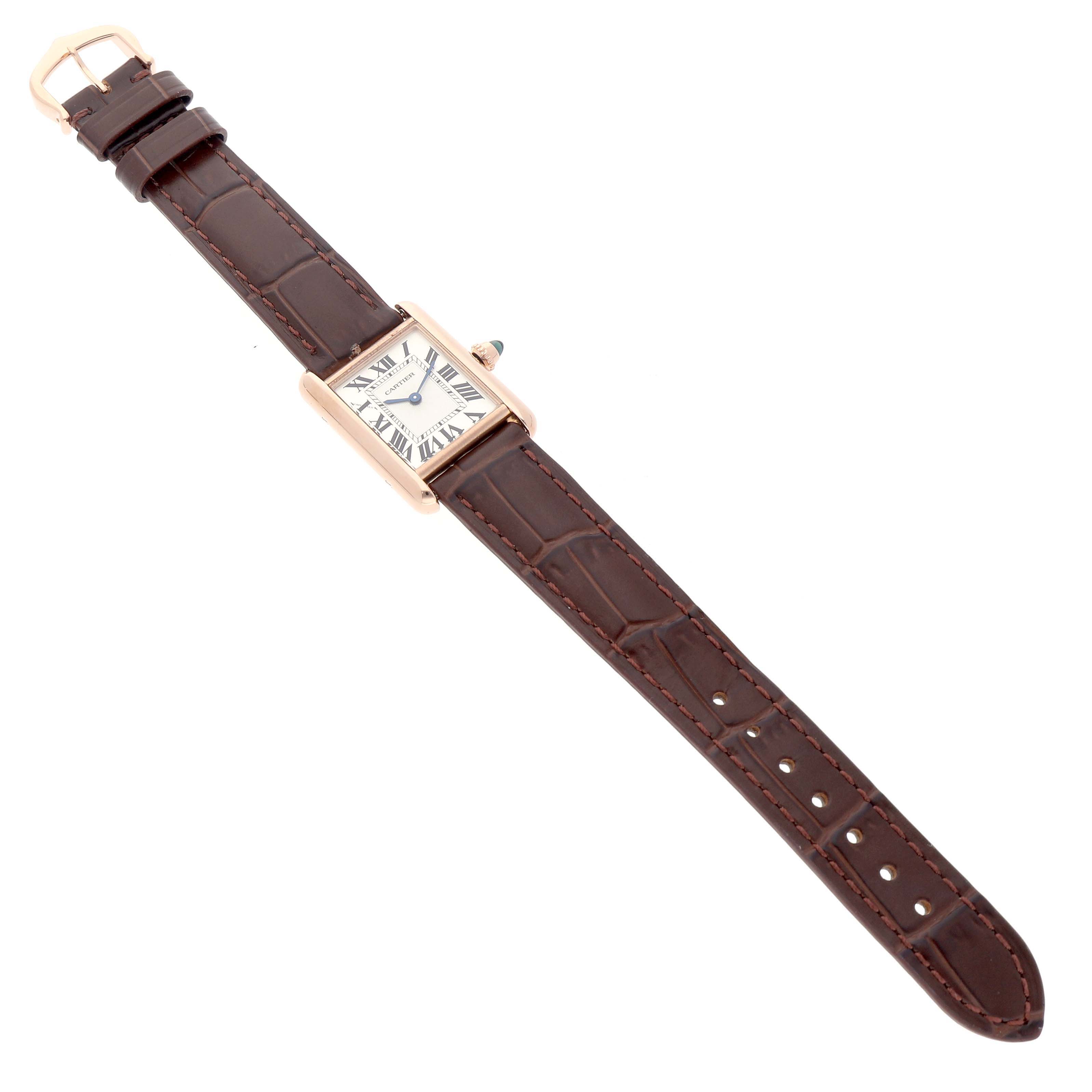 The Cartier Tank Louis WGTA0010 Women's Rose Gold Silver Dial watch is shown from a top-down angle, displaying the rectangular face and brown leather strap.