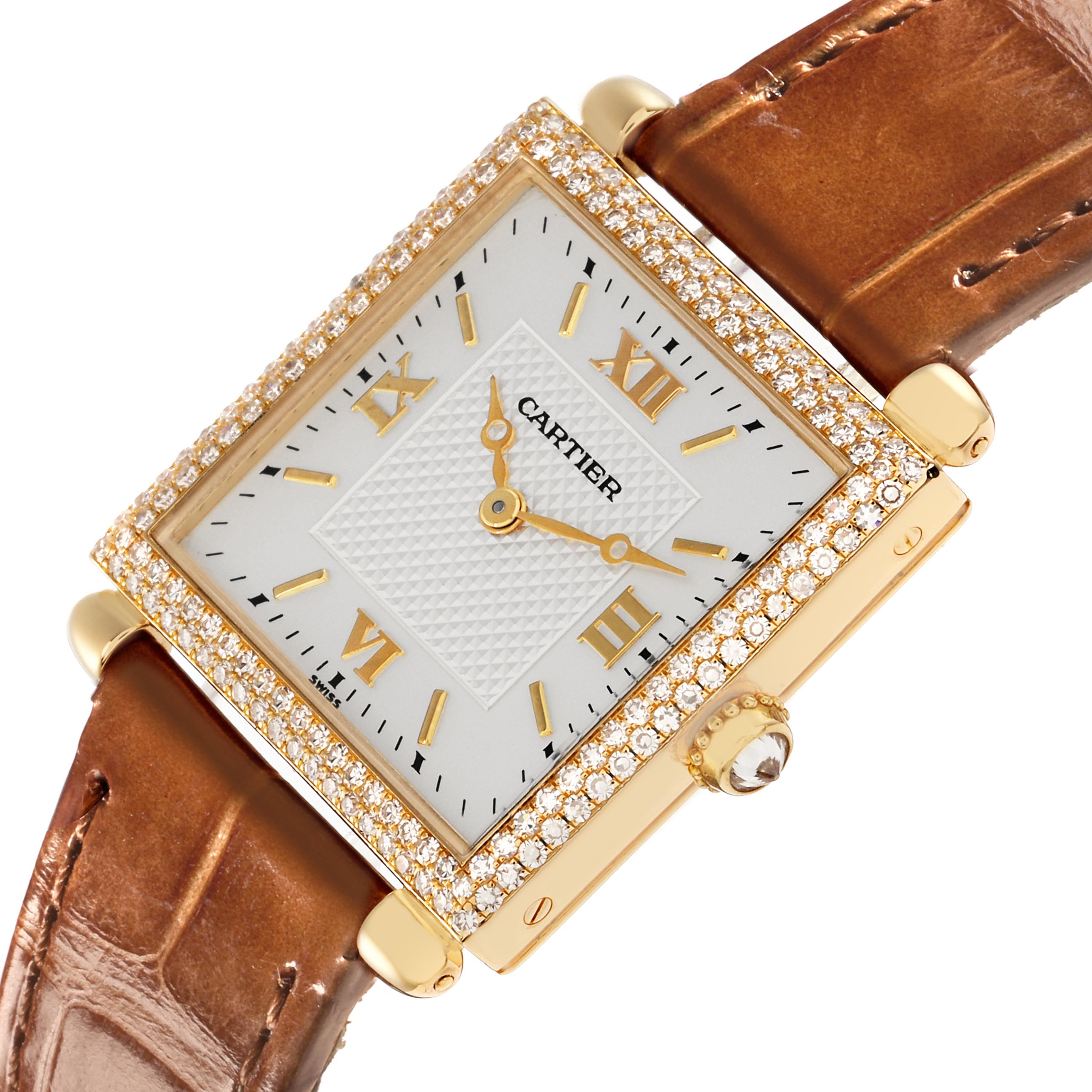 The Cartier Tank Obus WB800351 Women
s Yellow Gold Silver Dial WB800351 Women
s Yellow Gold Silver Dial watch is shown at an angled view with a clear display of its diamond-encrusted bezel and leather strap.