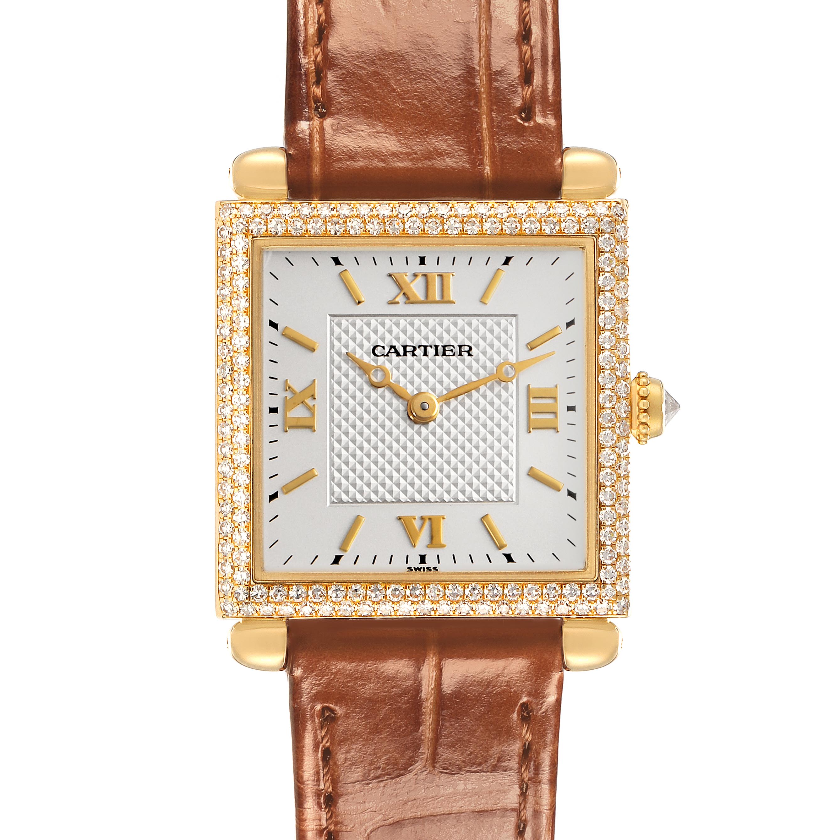 The Cartier Tank Obus WB800351 Women
s Yellow Gold Silver Dial WB800351 Women
s Yellow Gold Silver Dial watch is shown front-facing, highlighting its square face, leather strap, gold Roman numerals, and diamond bezel.